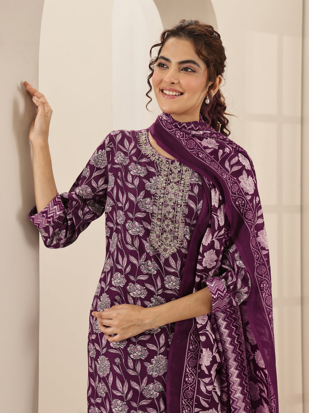 Libas Burgundy Printed Cotton Blend Straight Suit Sets With Dupatta