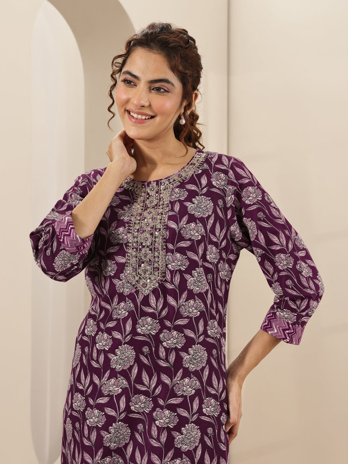 Libas Burgundy Printed Cotton Blend Straight Suit Sets With Dupatta