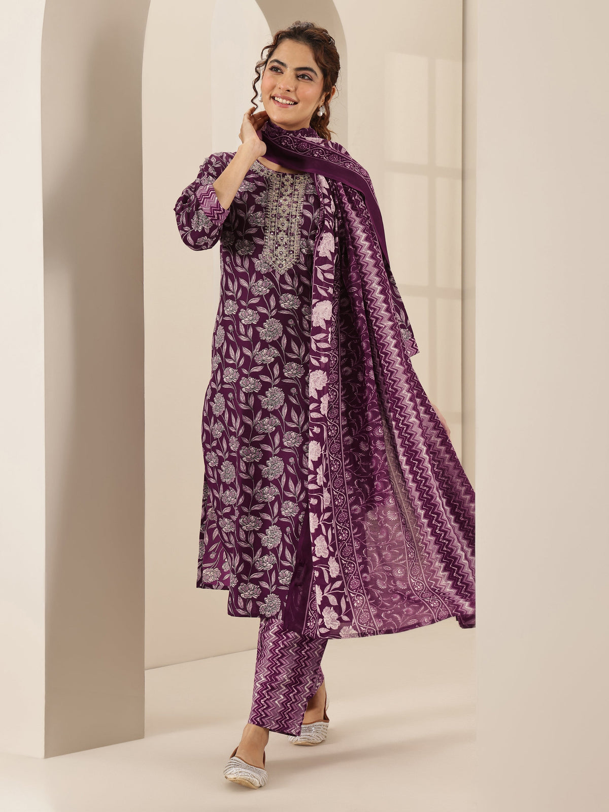 Libas Burgundy Printed Cotton Blend Straight Suit Sets With Dupatta