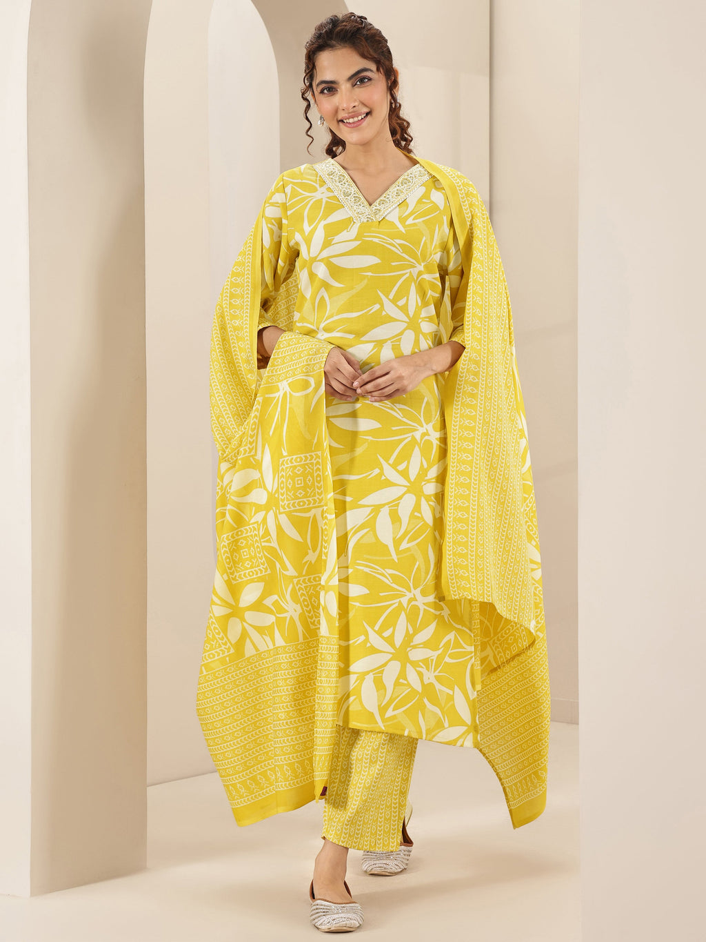 Libas Yellow Printed Cotton Blend Straight Suit Sets With Dupatta