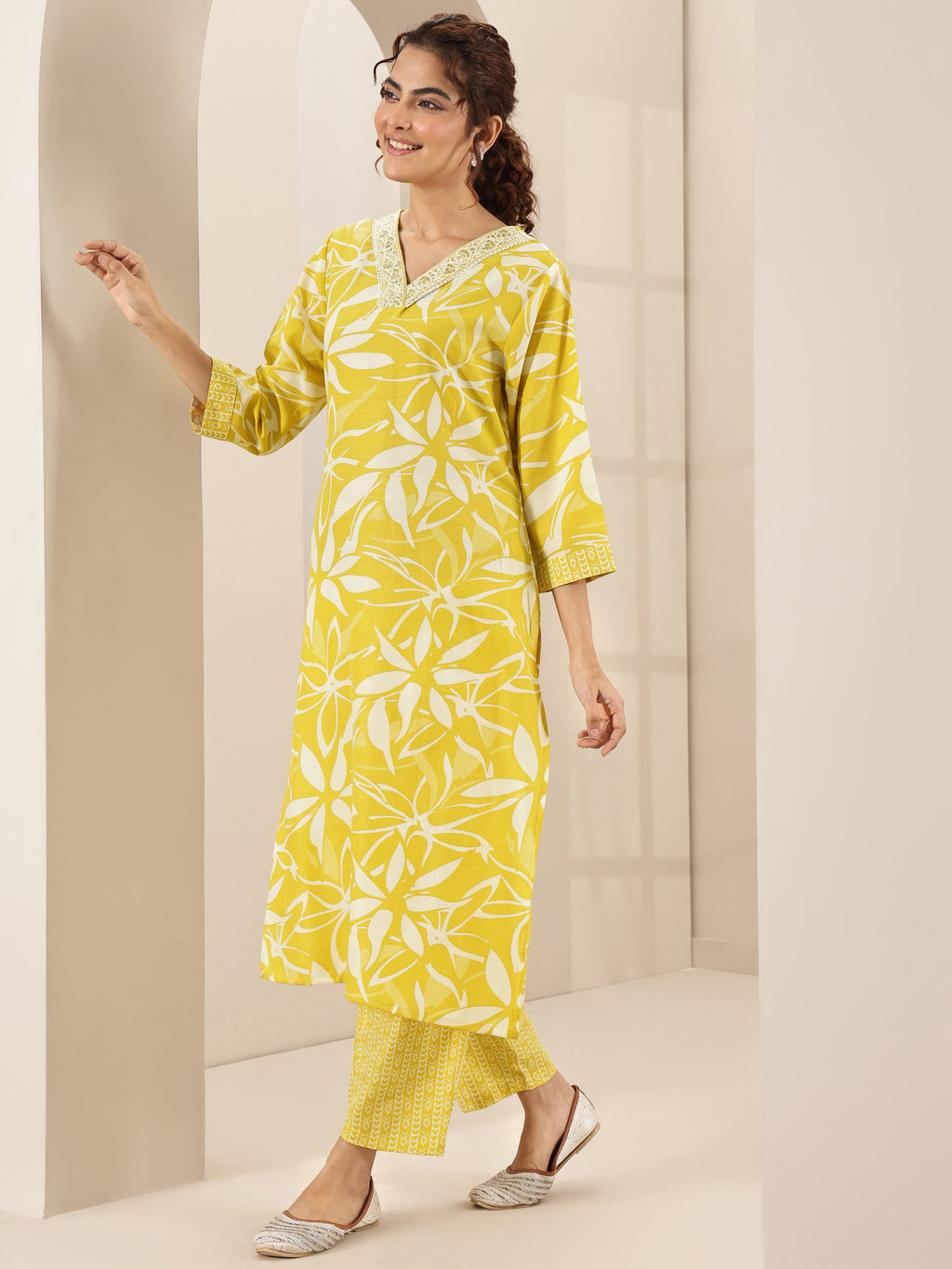 Libas Yellow Printed Cotton Blend Straight Suit Sets With Dupatta