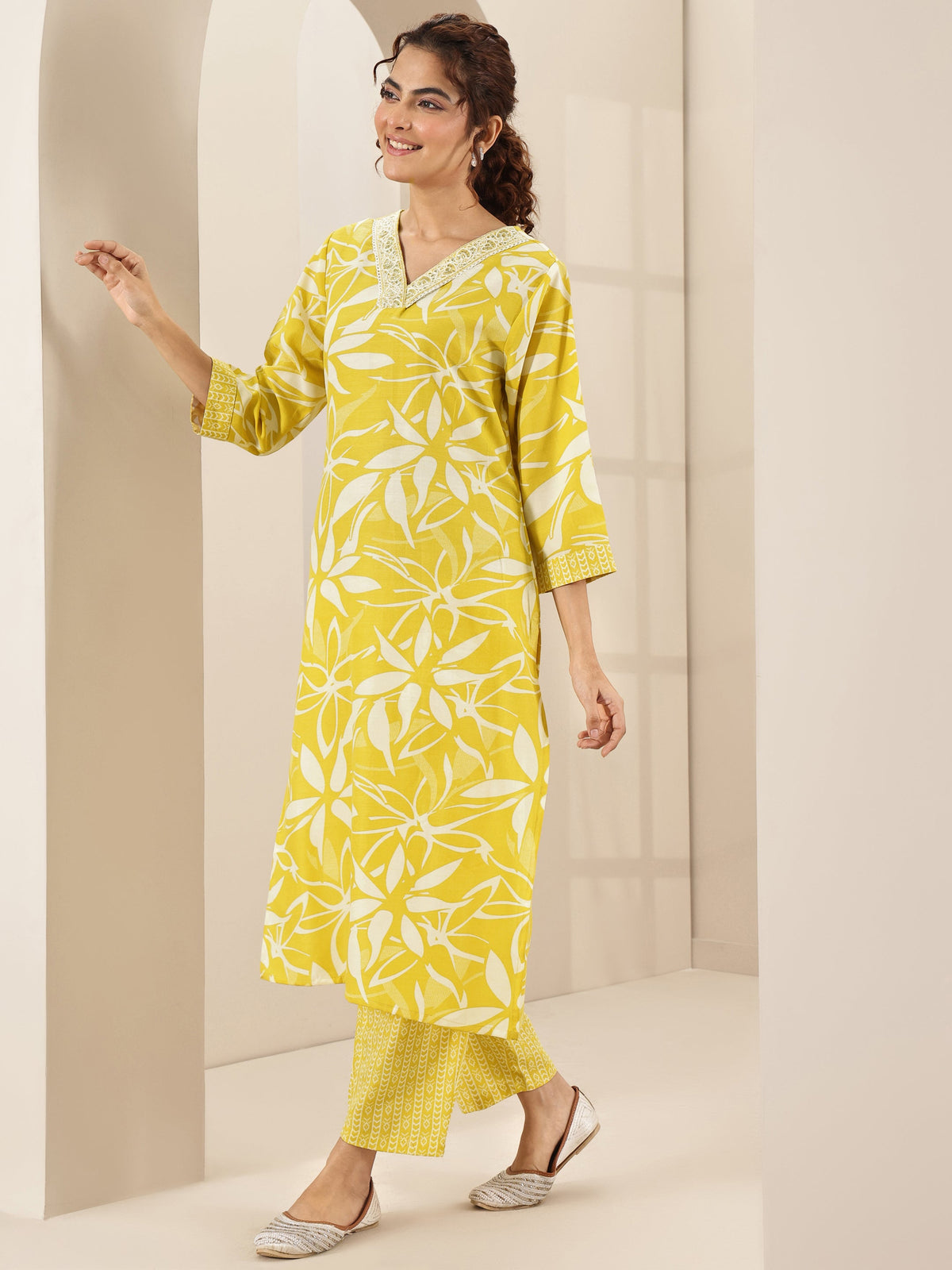 Libas Yellow Printed Cotton Blend Straight Suit Sets With Dupatta
