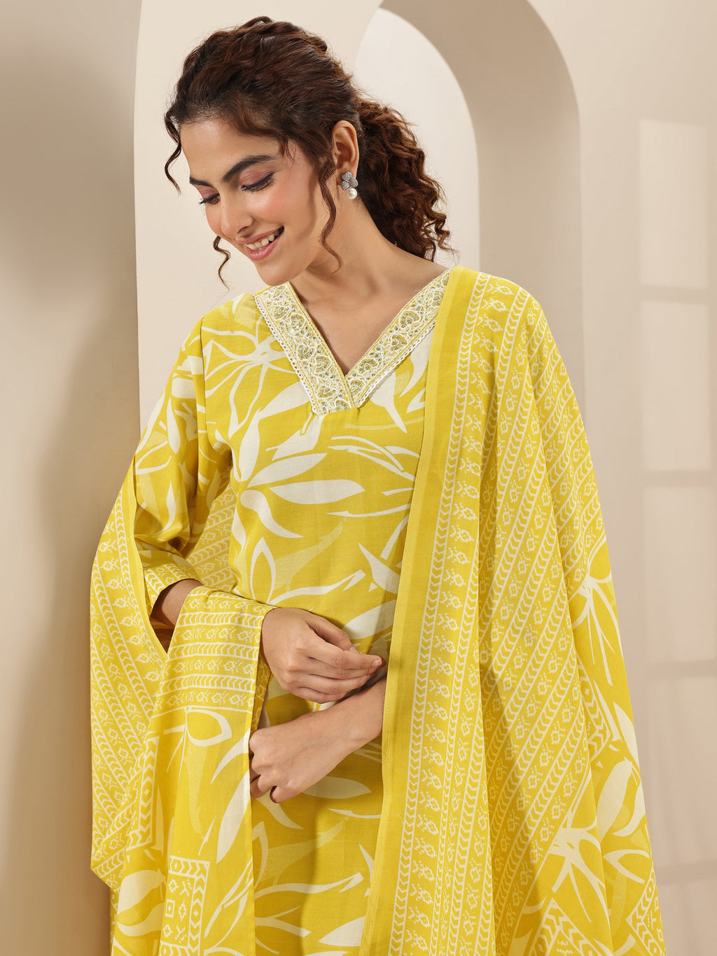 Libas Yellow Printed Cotton Blend Straight Suit Sets With Dupatta