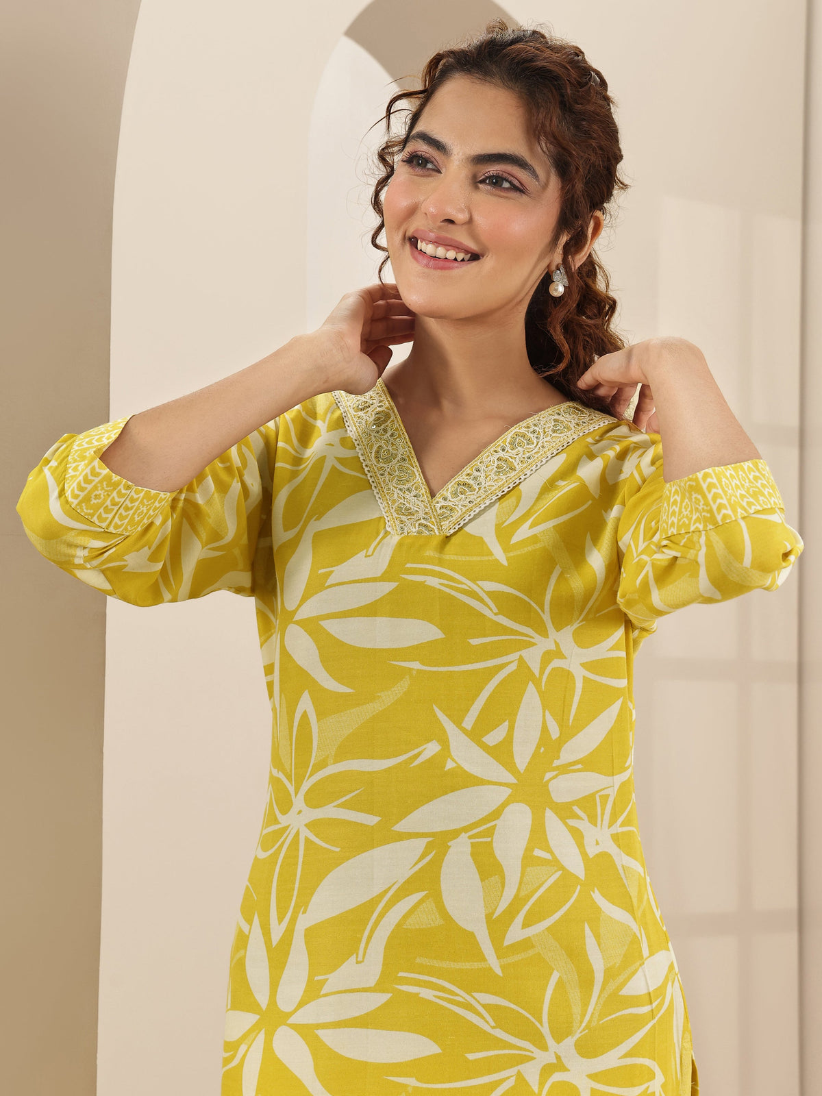 Libas Yellow Printed Cotton Blend Straight Suit Sets With Dupatta