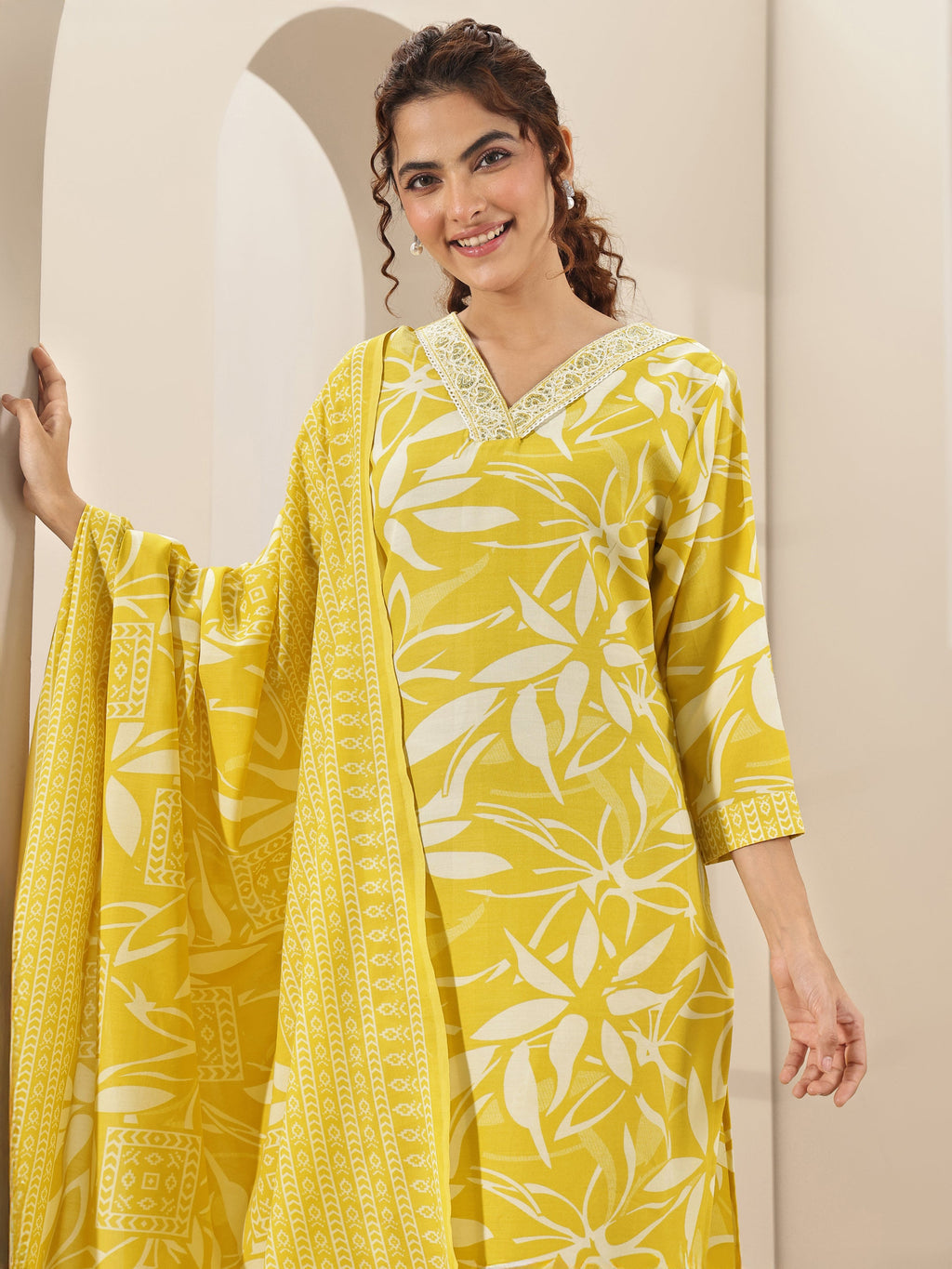 Libas Yellow Printed Cotton Blend Straight Suit Sets With Dupatta