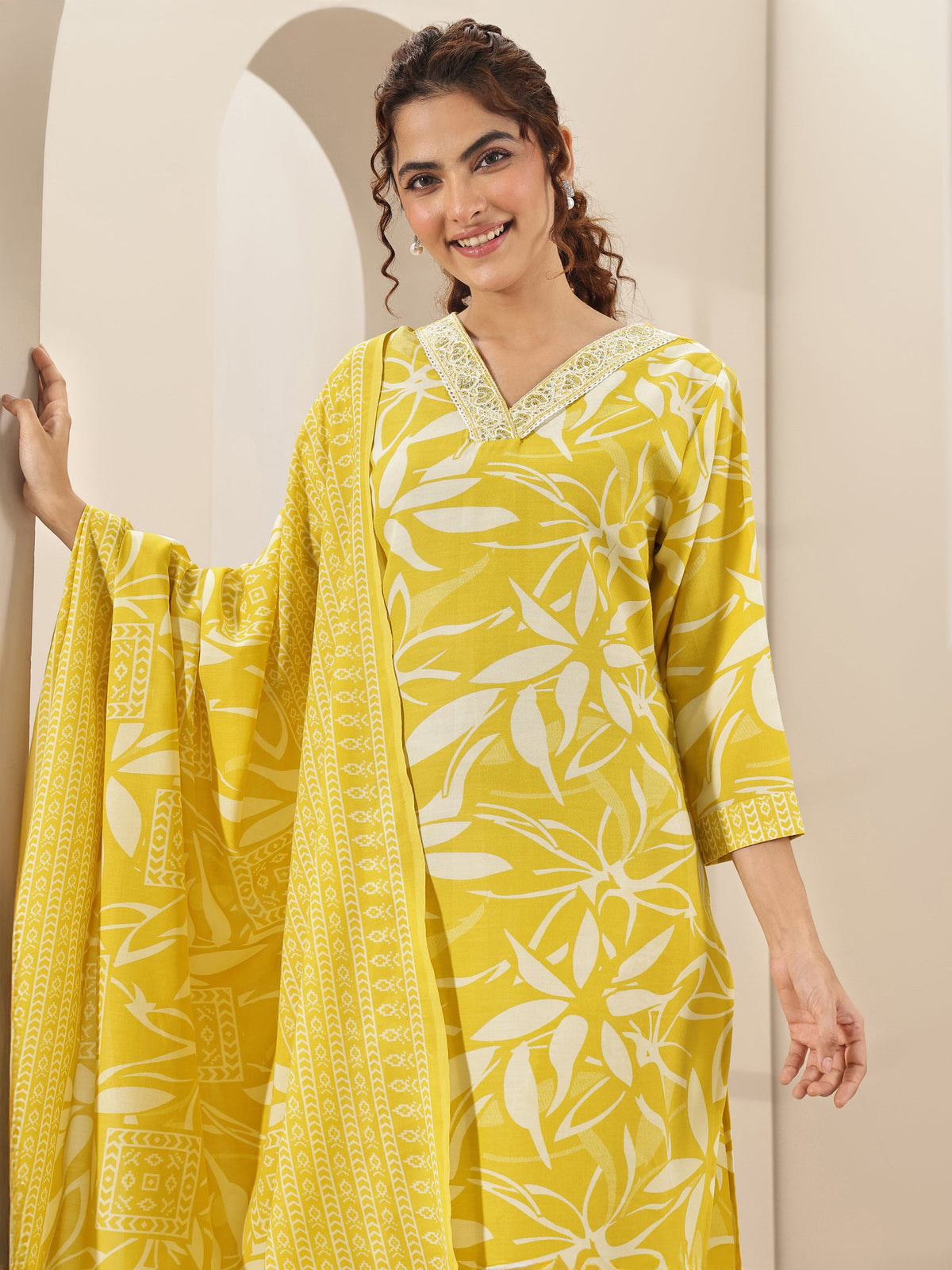 Libas Yellow Printed Cotton Blend Straight Suit Sets With Dupatta