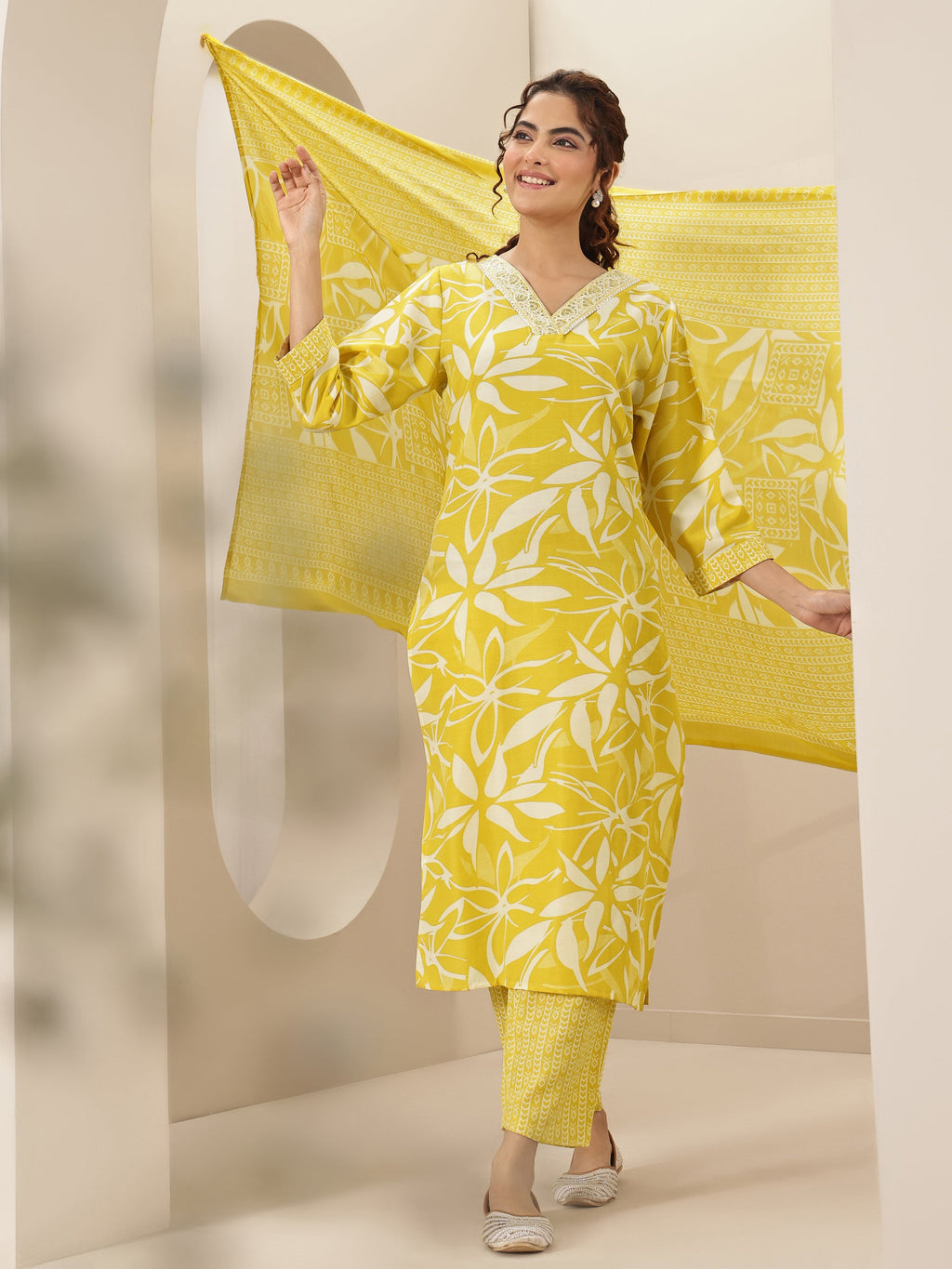 Libas Yellow Printed Cotton Blend Straight Suit Sets With Dupatta
