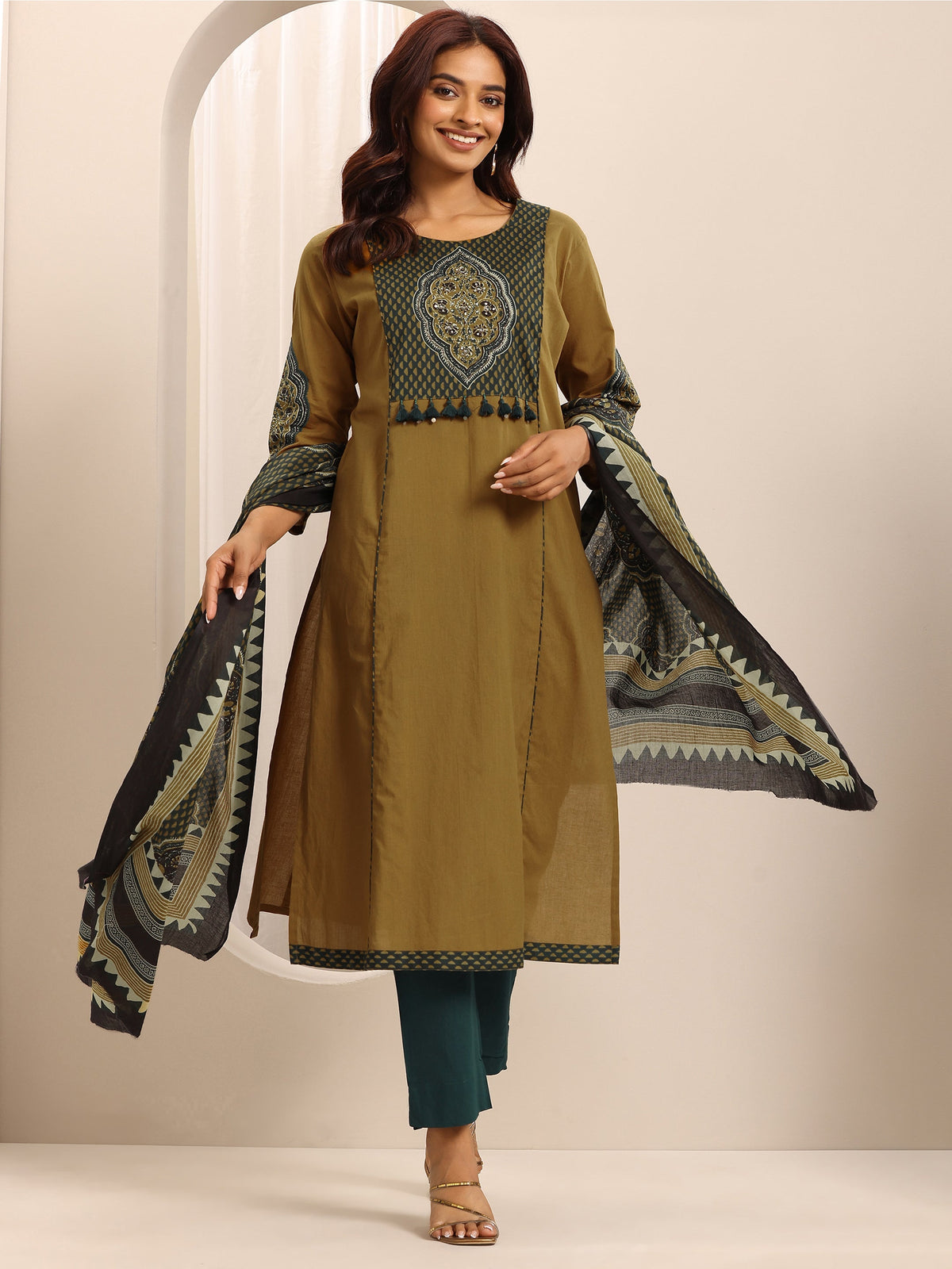 Libas Yellow Printed Cotton Blend Straight Suit Set With Dupatta
