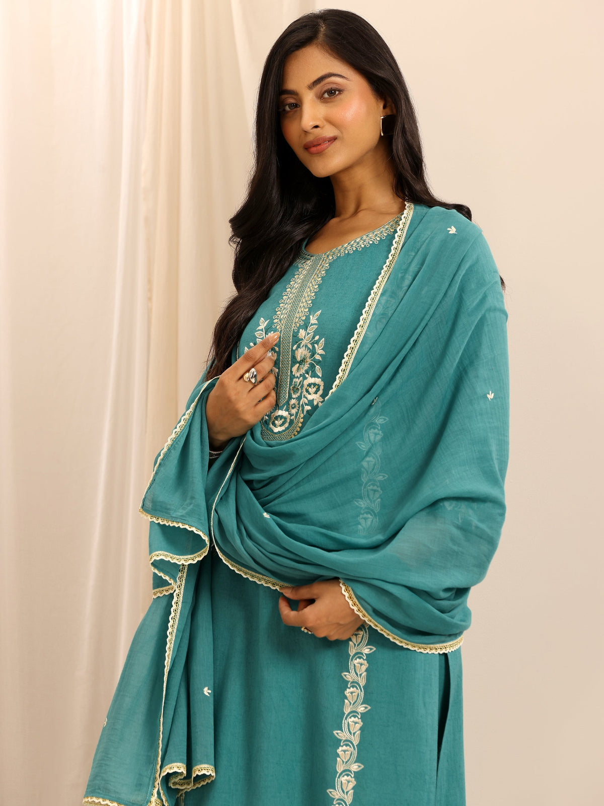 Libas Green Embroidered Cotton Blend Straight Suit Set With Dupatta