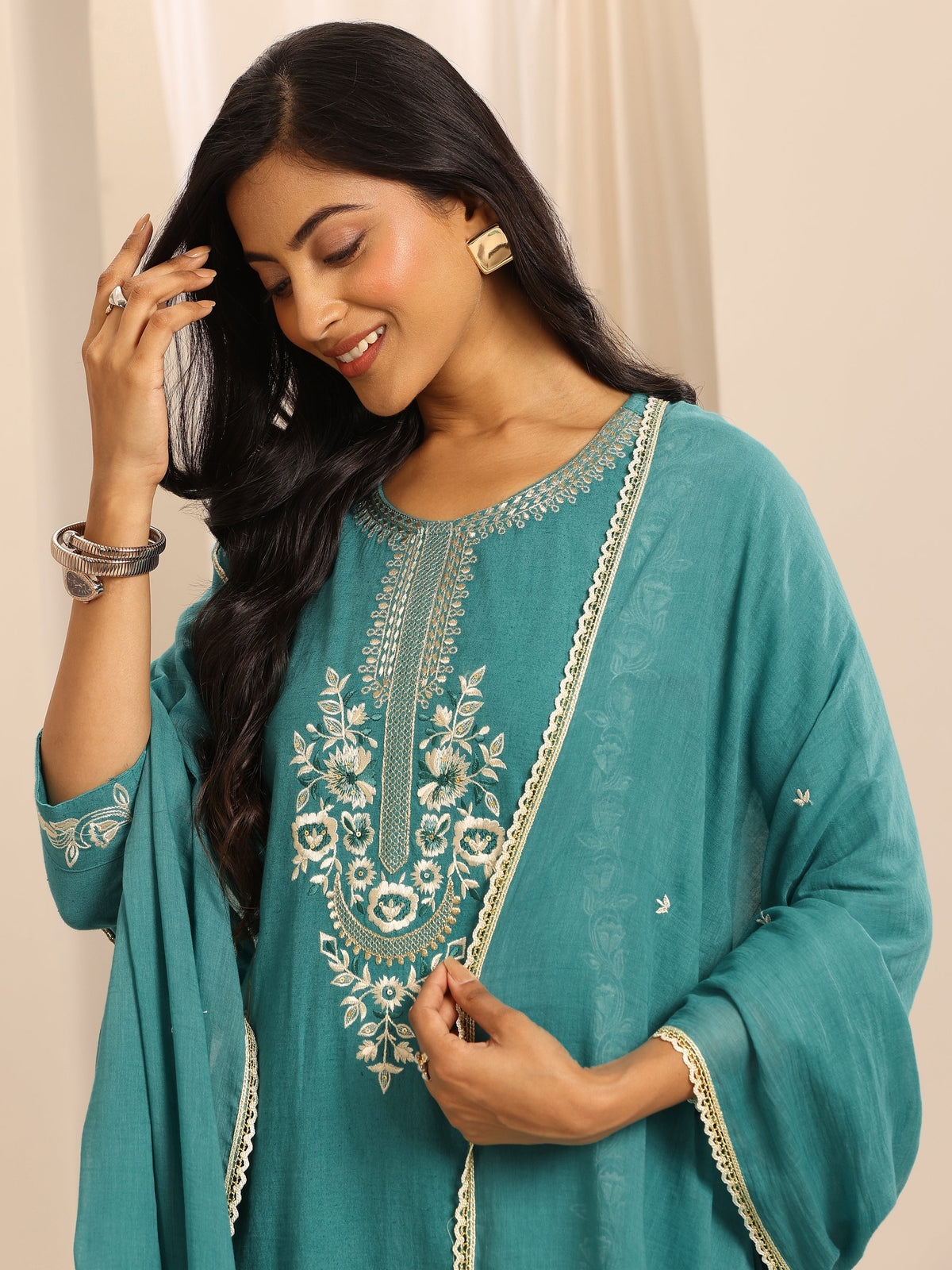 Libas Green Embroidered Cotton Blend Straight Suit Set With Dupatta