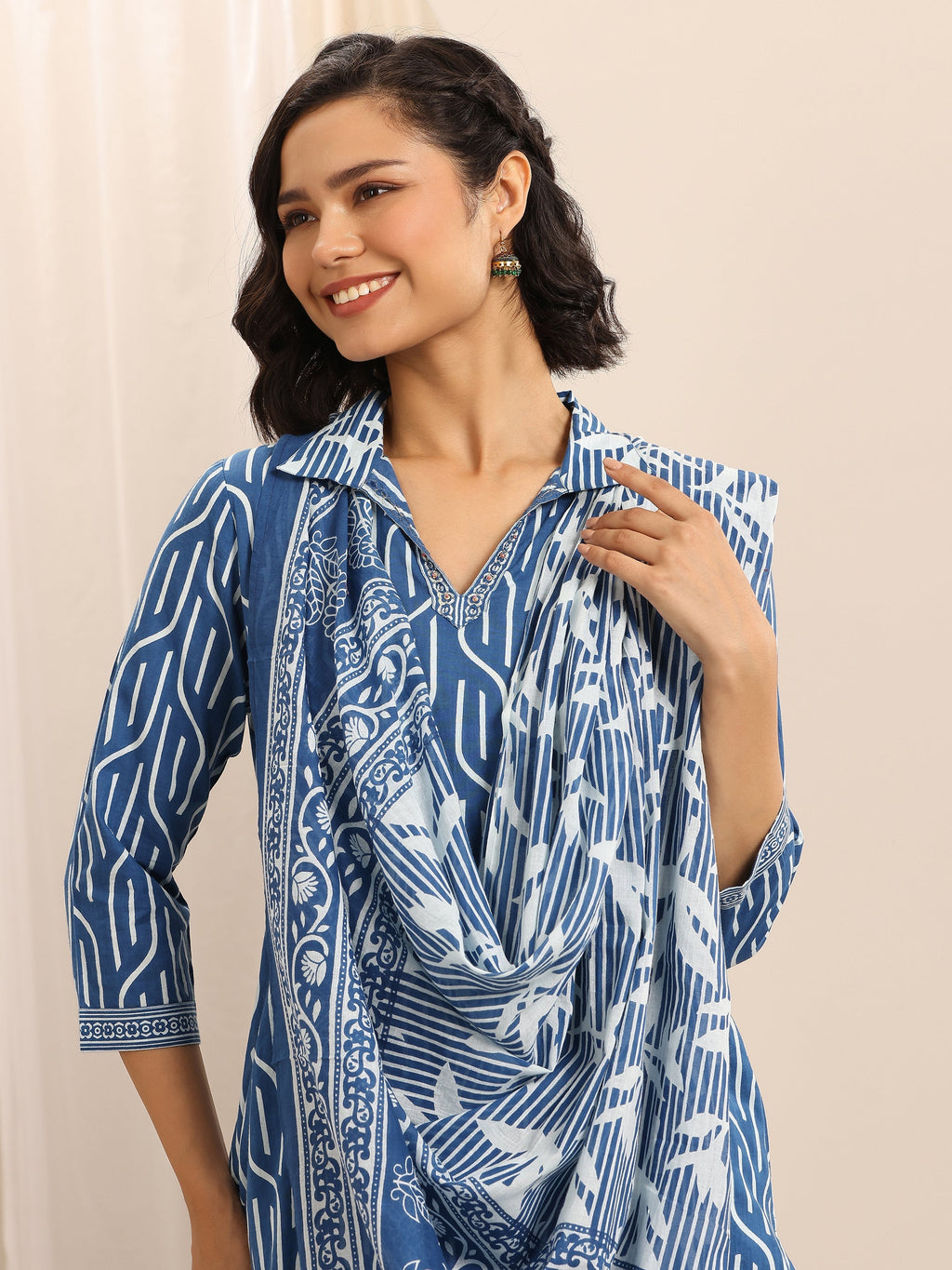 Libas Blue Printed Cotton Blend Straight Suit Set With Dupatta