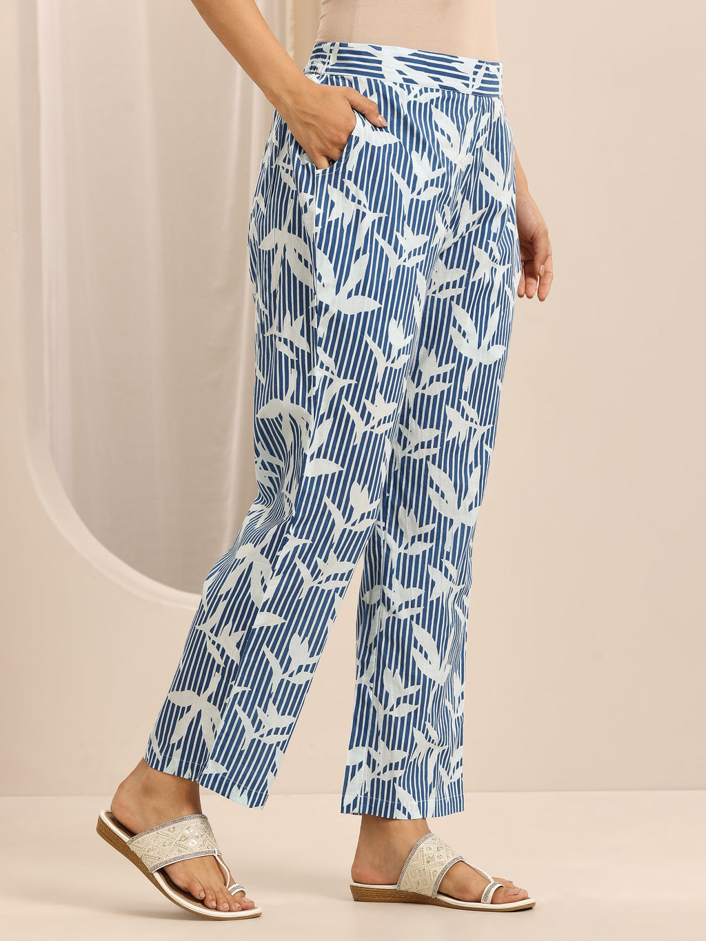 Libas Blue Printed Cotton Blend Straight Suit Set With Dupatta