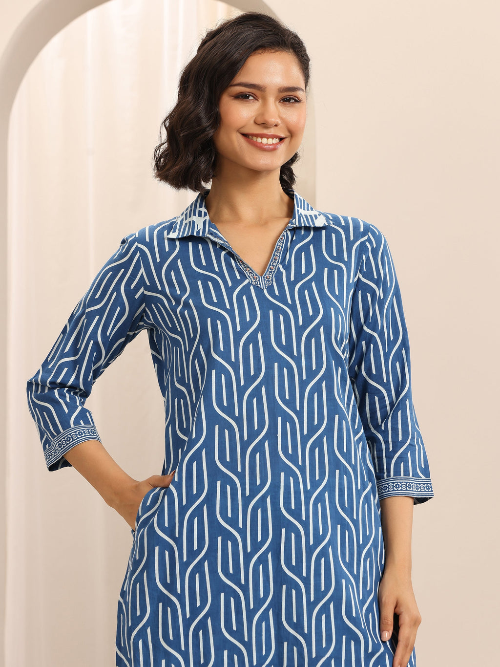 Libas Blue Printed Cotton Blend Straight Suit Set With Dupatta