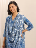 Libas Blue Printed Cotton Blend Straight Suit Set With Dupatta
