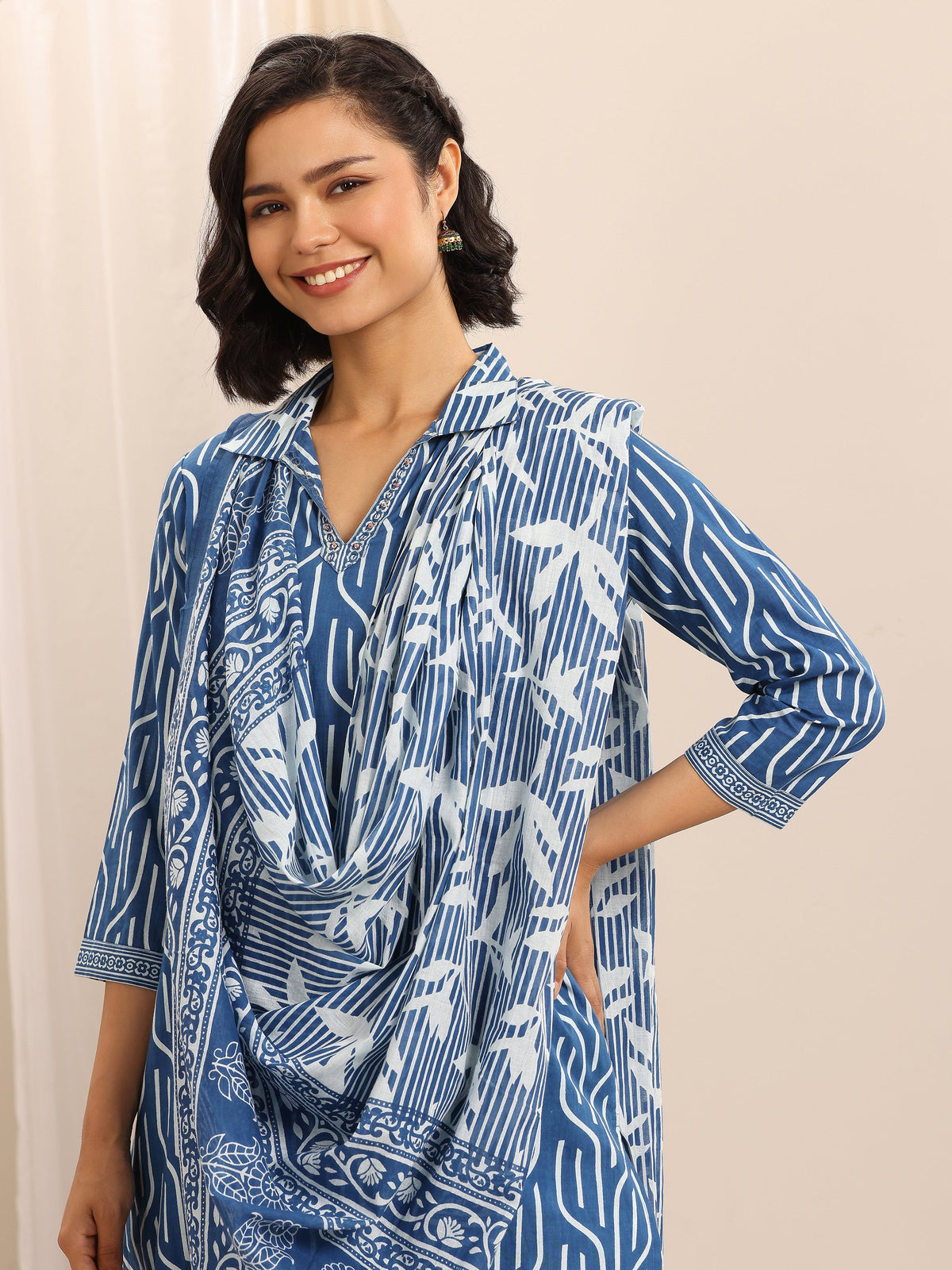 Libas Blue Printed Cotton Blend Straight Suit Set With Dupatta