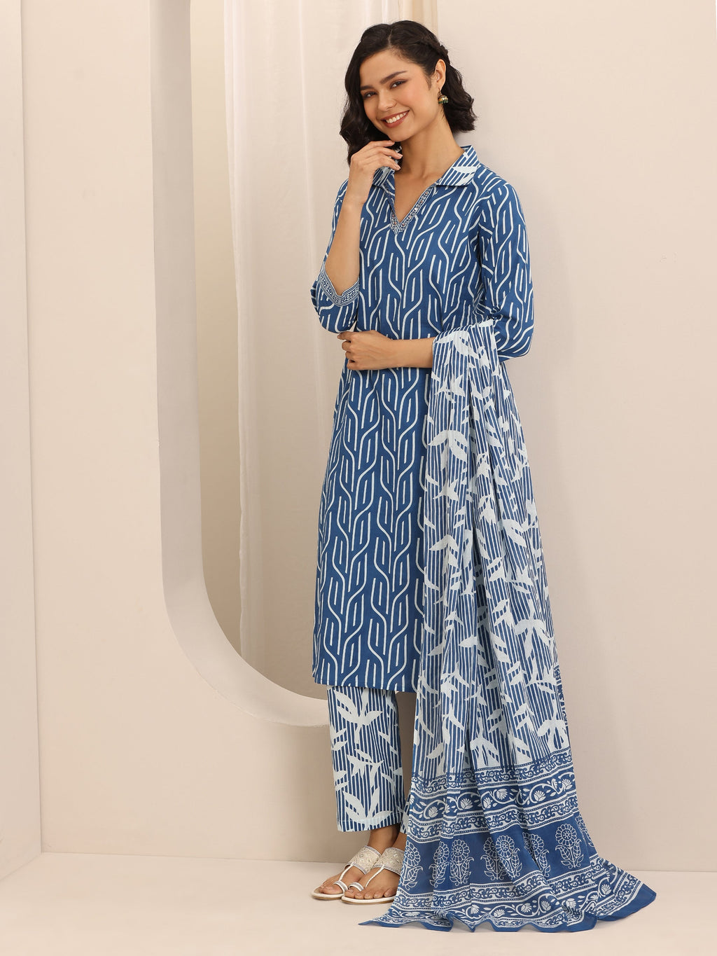 Libas Blue Printed Cotton Blend Straight Suit Set With Dupatta