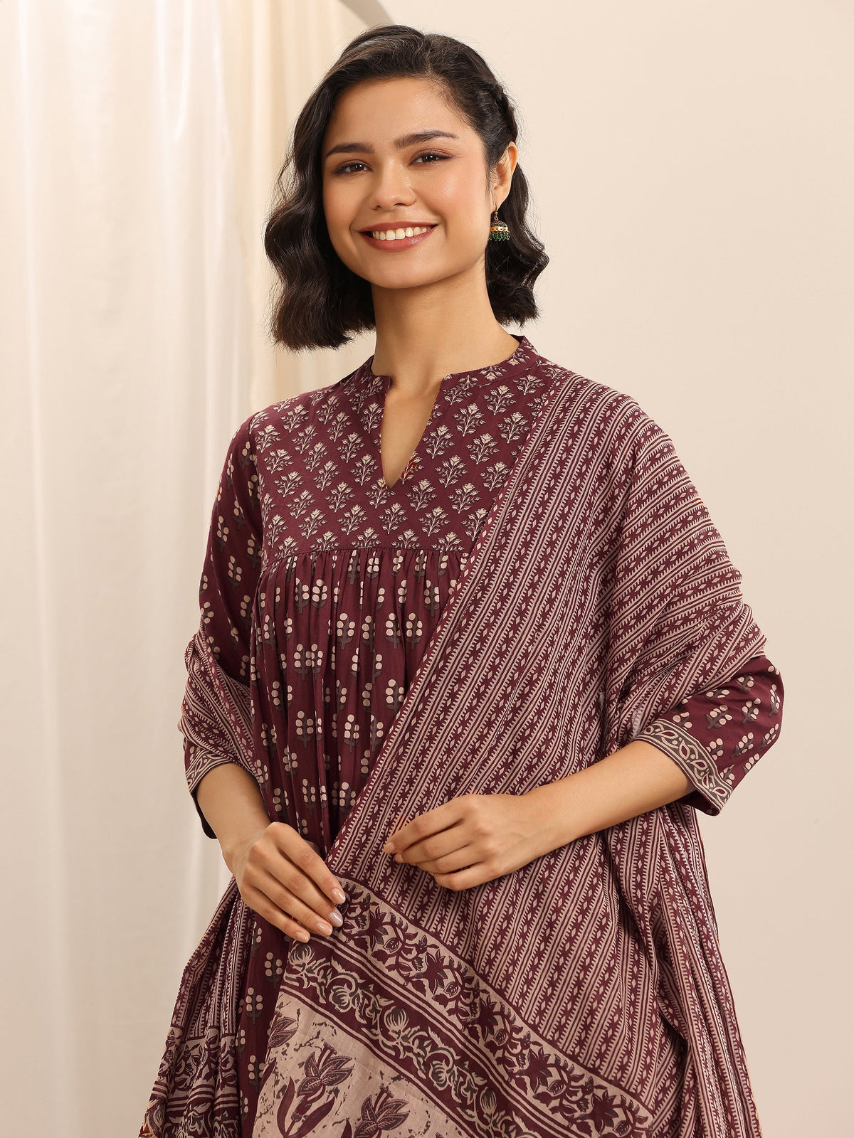 Libas Maroon Printed Cotton Blend Anarkali Suit Set With Dupatta