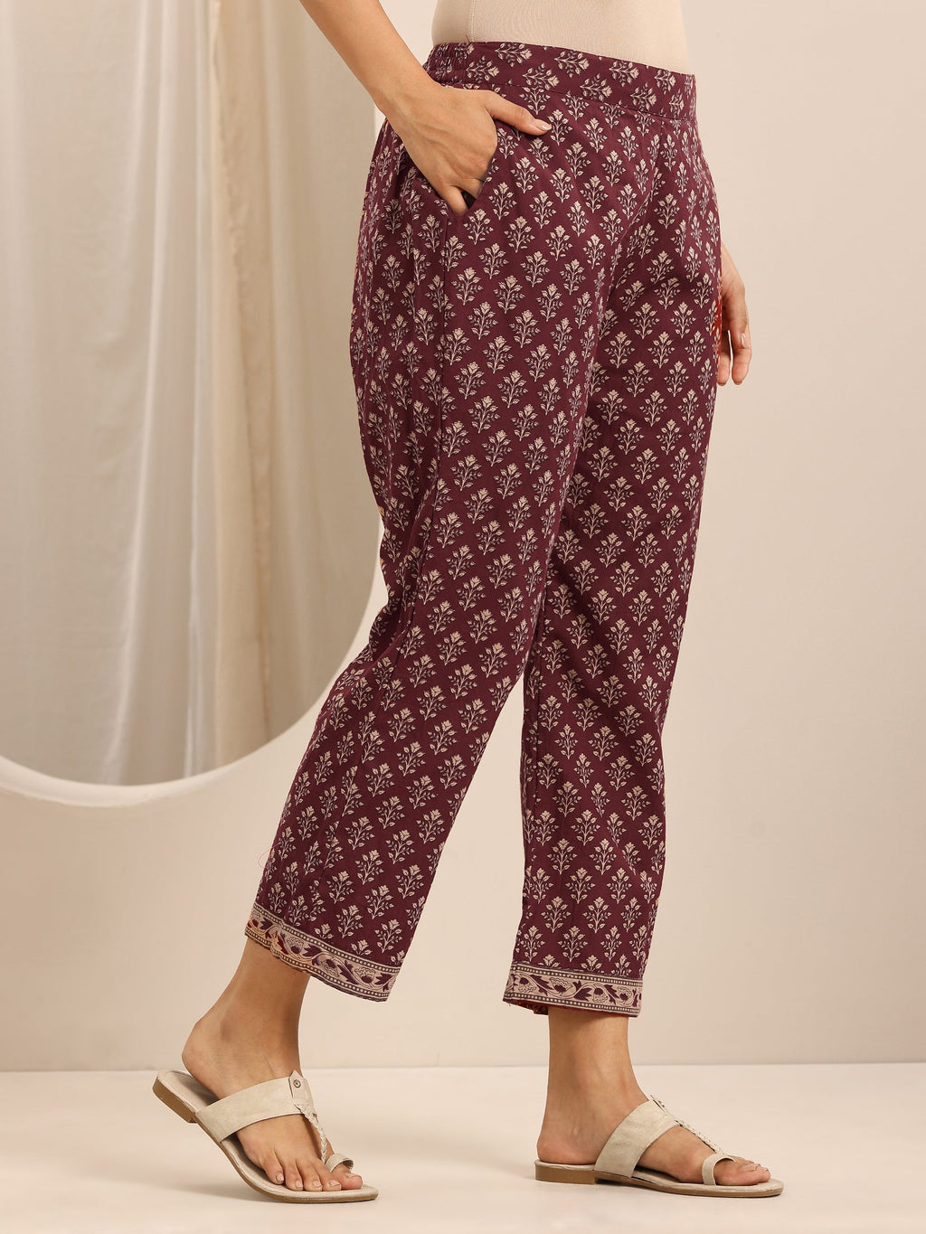 Libas Maroon Printed Cotton Blend Anarkali Suit Set With Dupatta