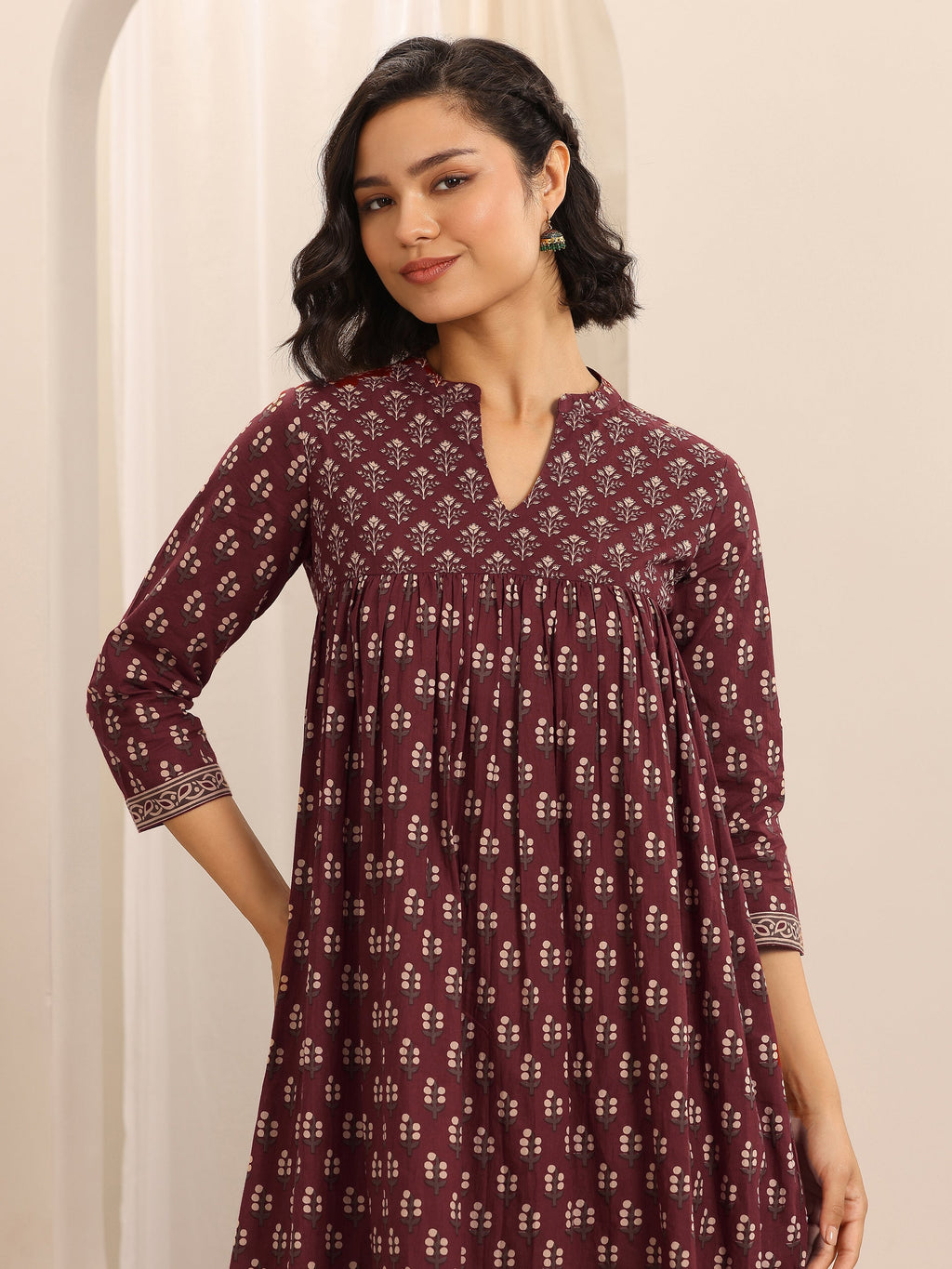 Libas Maroon Printed Cotton Blend Anarkali Suit Set With Dupatta