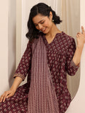 Libas Maroon Printed Cotton Blend Anarkali Suit Set With Dupatta