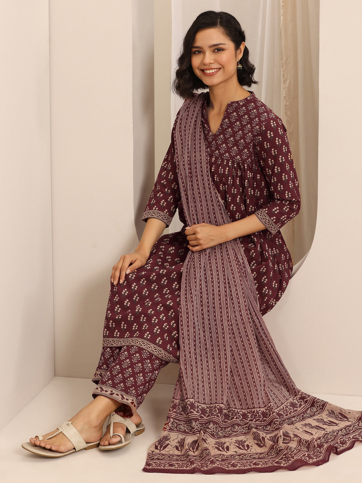 Libas Maroon Printed Cotton Blend Anarkali Suit Set With Dupatta