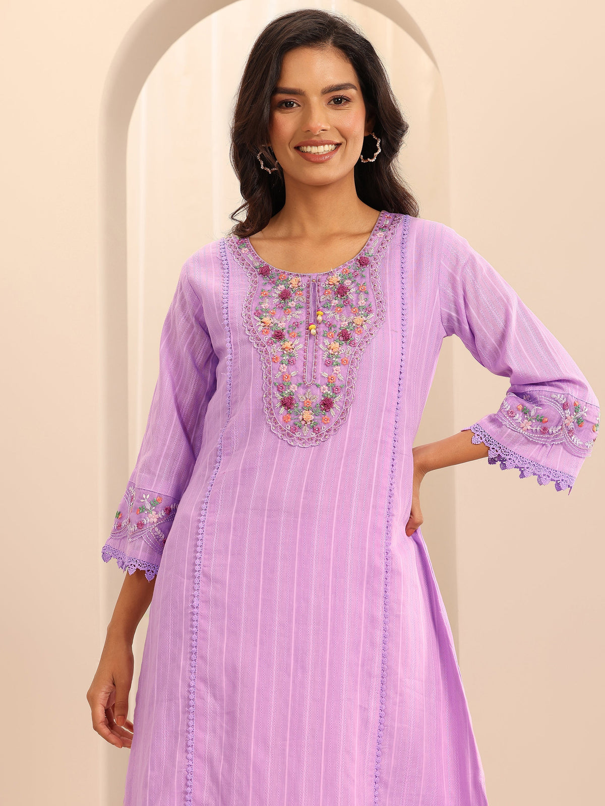 Libas Lavender Embroidered Cotton Blend A-line Suit Set With Dupatta