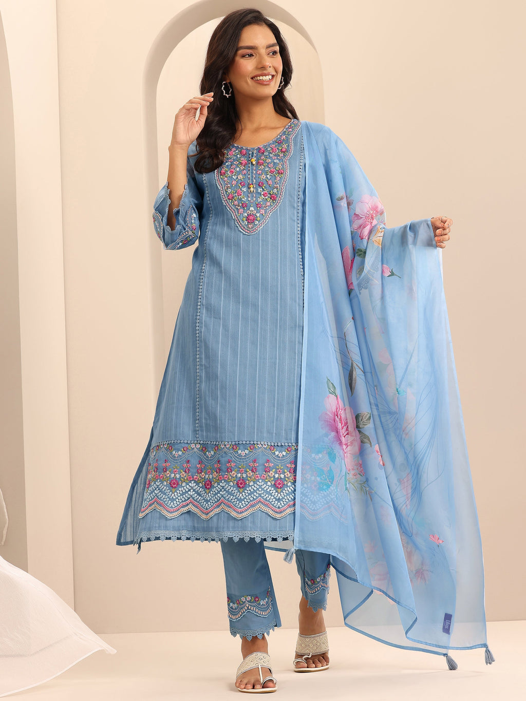 Libas Blue Embroidered Cotton Blend A-line Suit Set With Dupatta