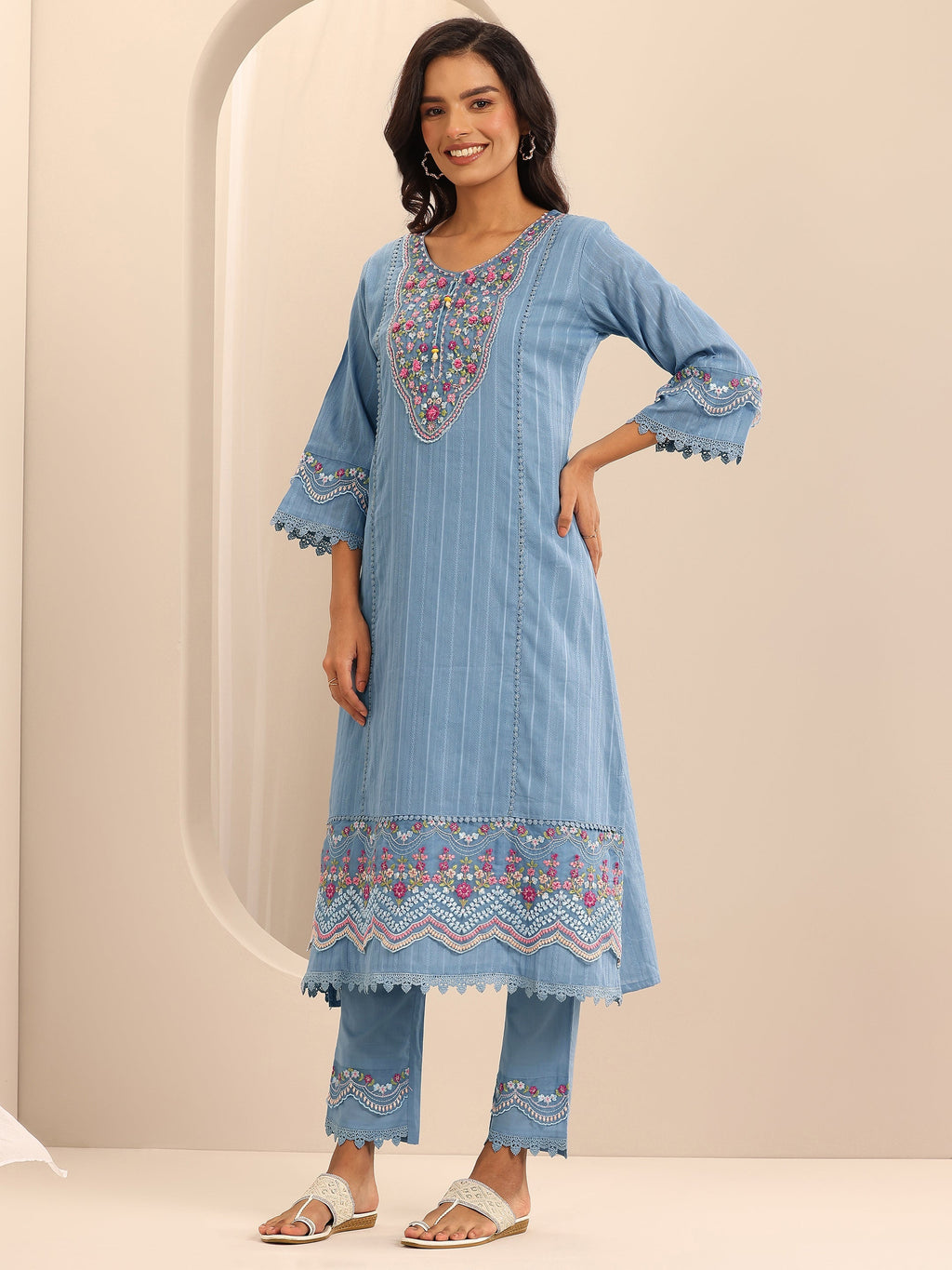 Libas Blue Embroidered Cotton Blend A-line Suit Set With Dupatta