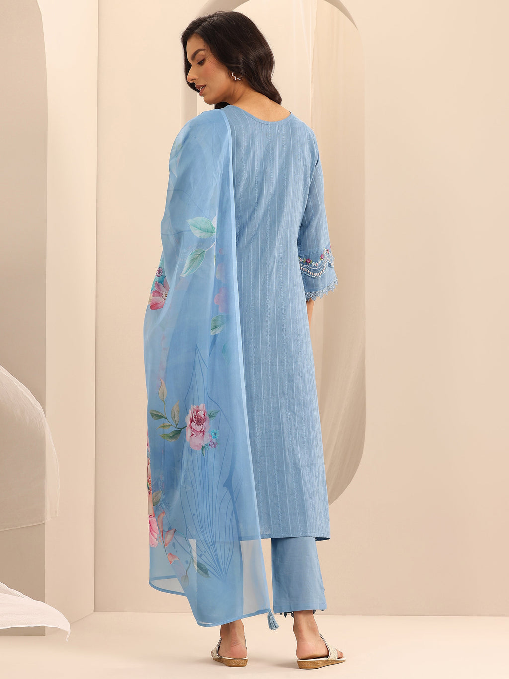 Libas Blue Embroidered Cotton Blend A-line Suit Set With Dupatta