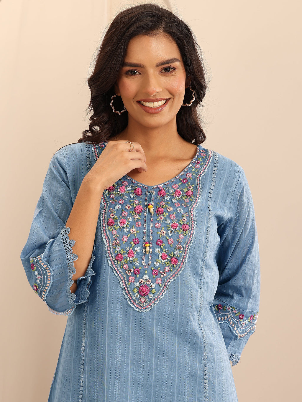 Libas Blue Embroidered Cotton Blend A-line Suit Set With Dupatta