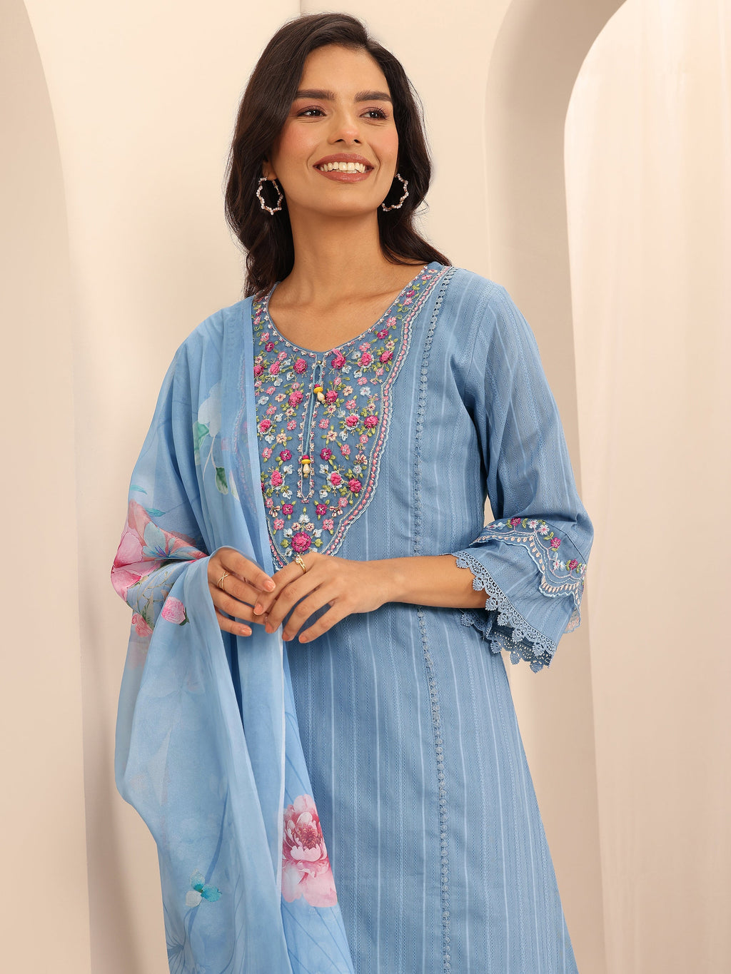 Libas Blue Embroidered Cotton Blend A-line Suit Set With Dupatta