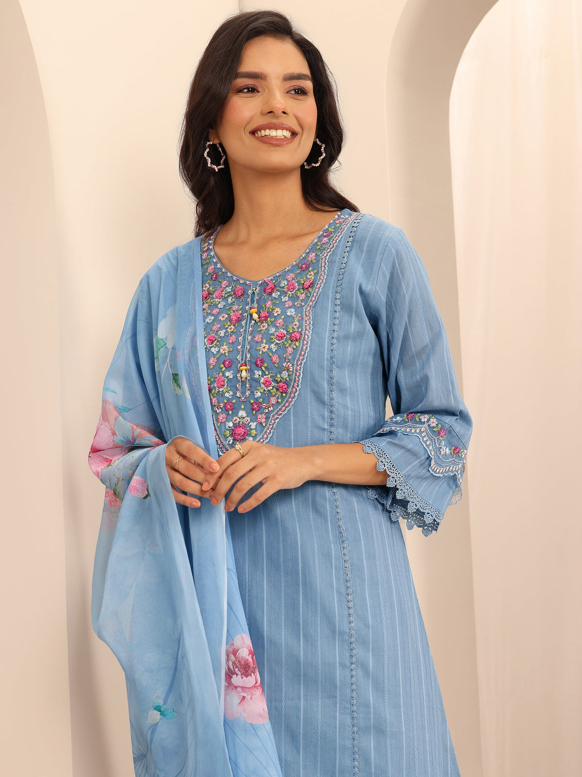 Libas Blue Embroidered Cotton Blend A-line Suit Set With Dupatta