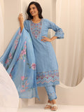 Libas Blue Embroidered Cotton Blend A-line Suit Set With Dupatta