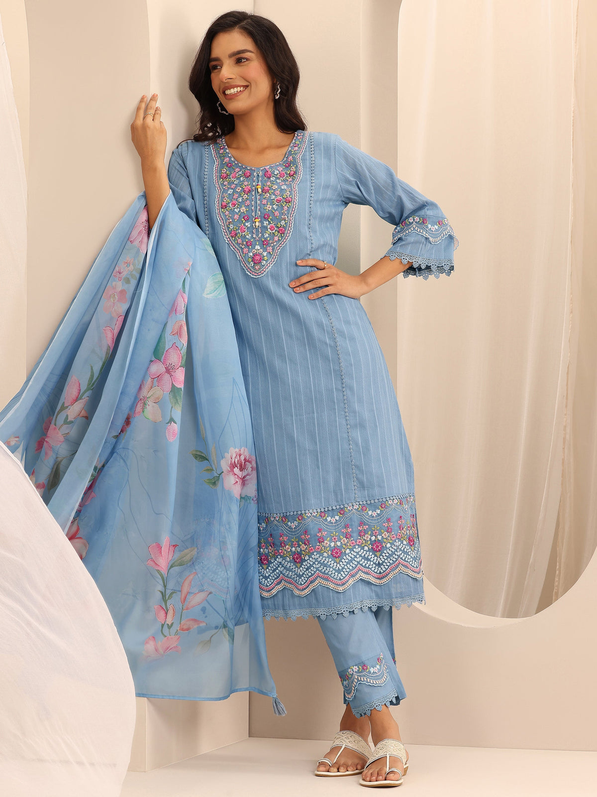 Libas Blue Embroidered Cotton Blend A-line Suit Set With Dupatta