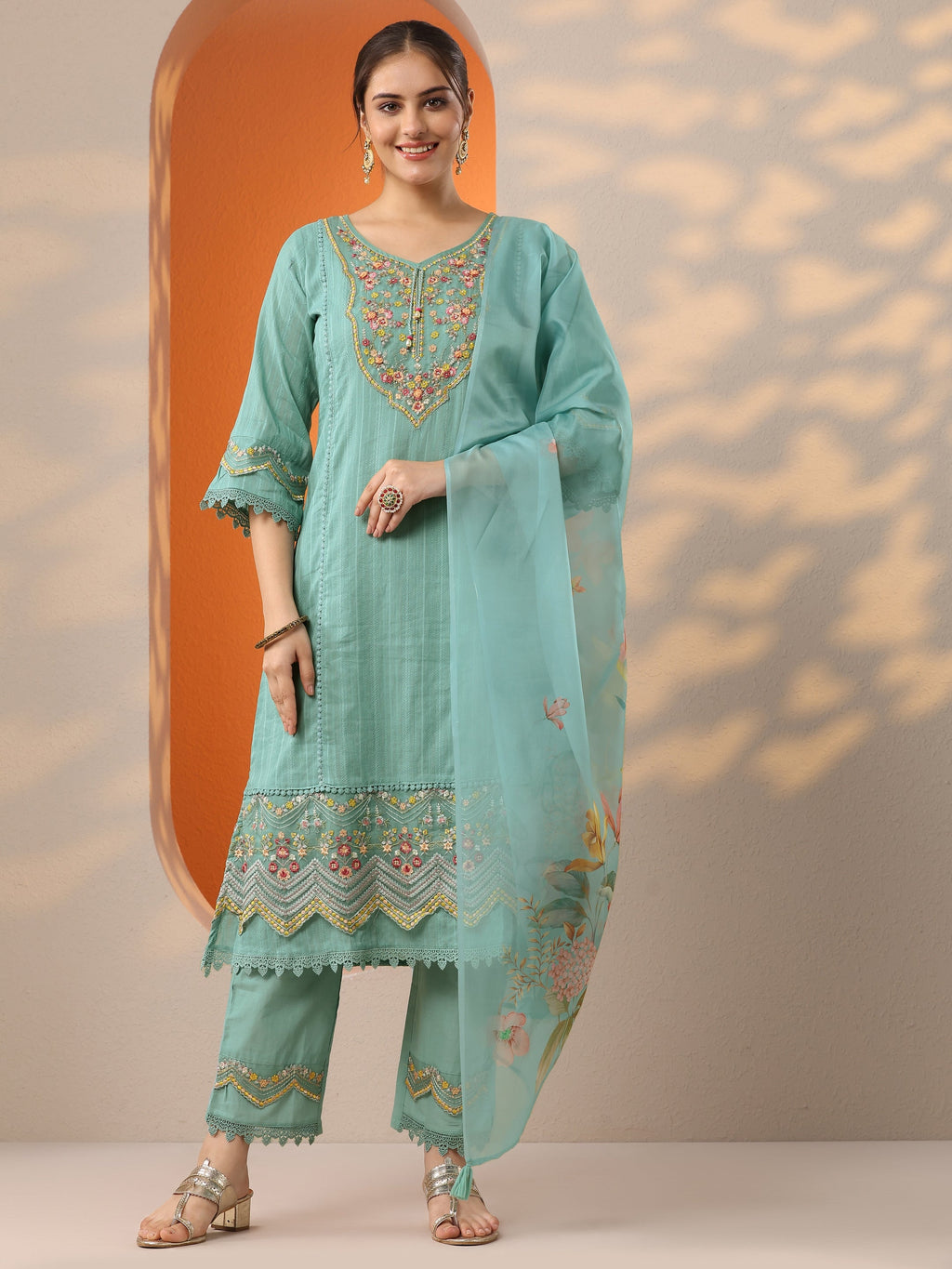 Libas Turquoise blue Embroidered Cotton Blend A-line Suit Set With Dupatta