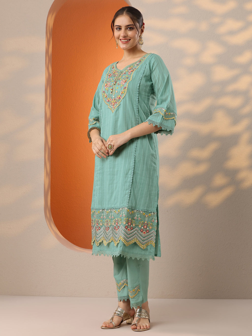 Libas Turquoise blue Embroidered Cotton Blend A-line Suit Set With Dupatta