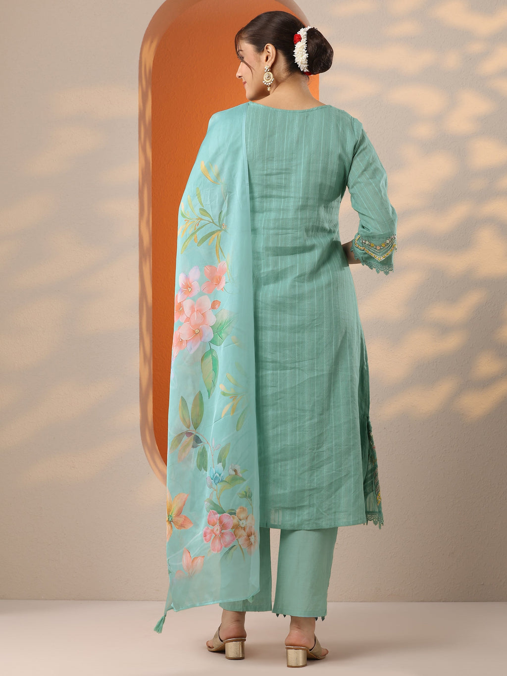 Libas Turquoise blue Embroidered Cotton Blend A-line Suit Set With Dupatta