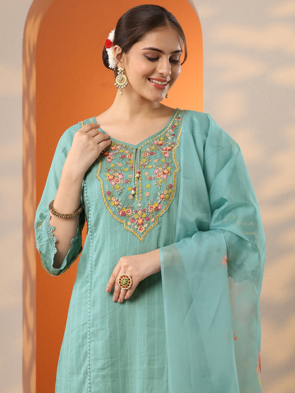 Libas Turquoise blue Embroidered Cotton Blend A-line Suit Set With Dupatta