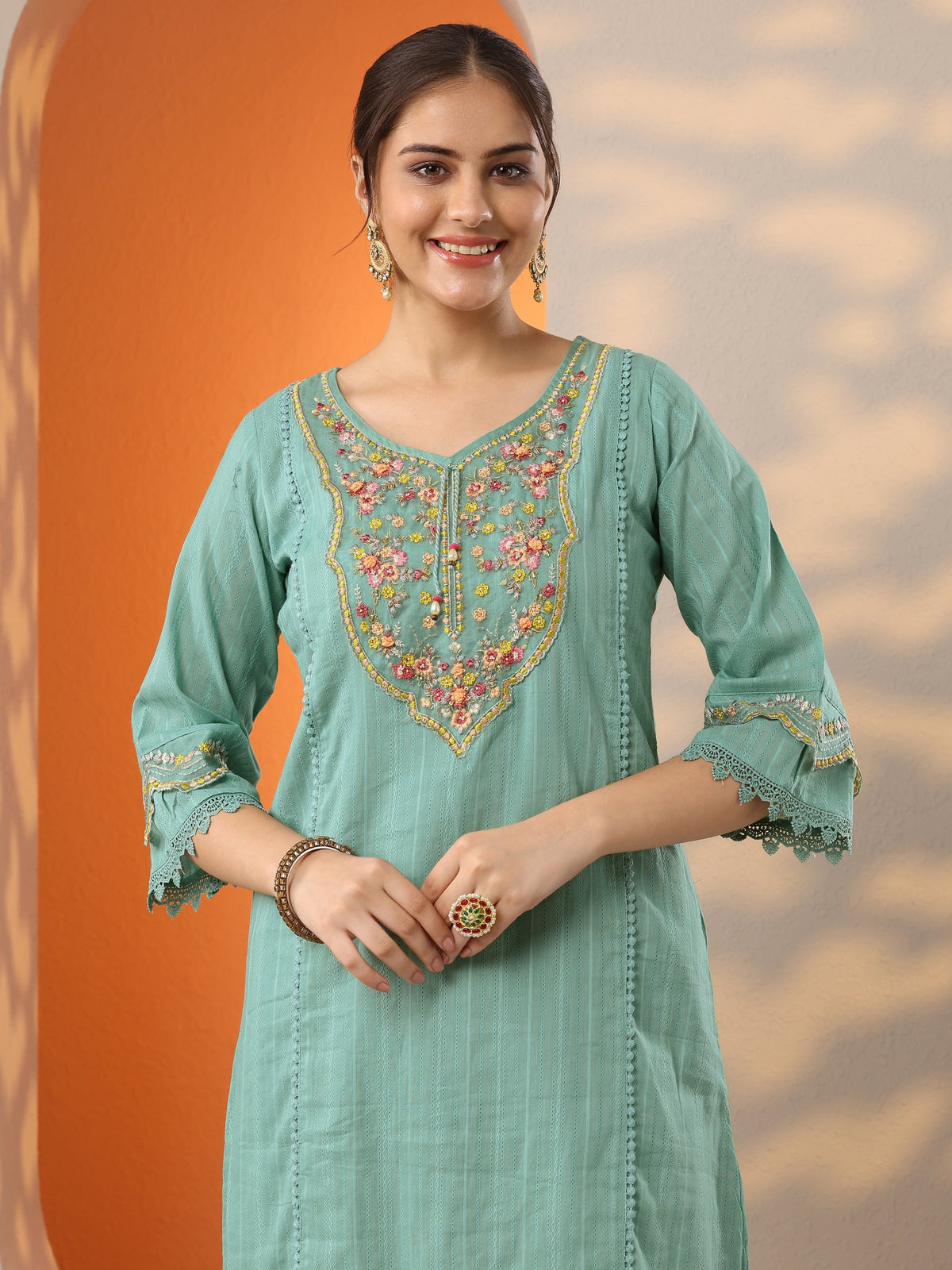 Libas Turquoise blue Embroidered Cotton Blend A-line Suit Set With Dupatta