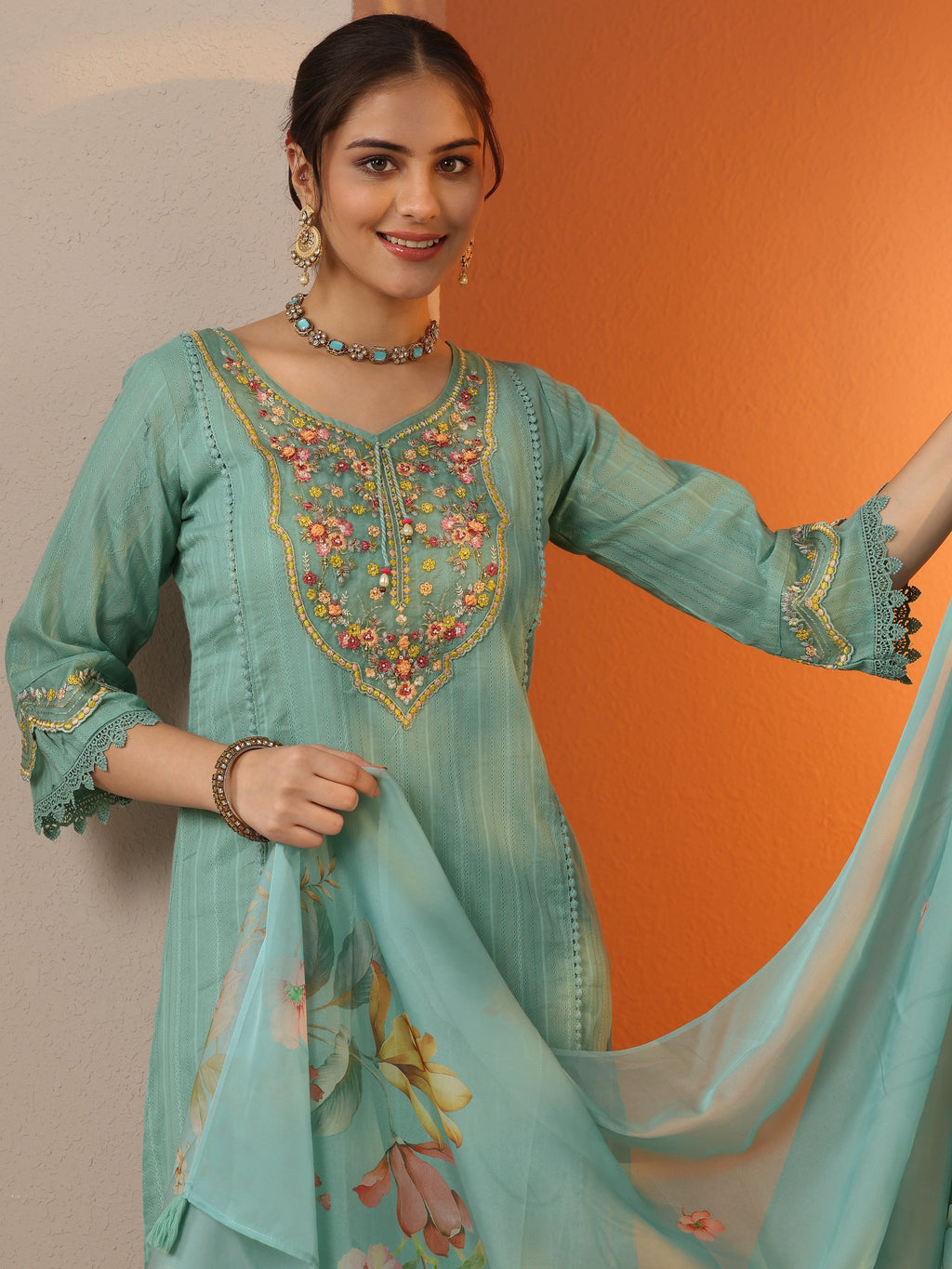 Libas Turquoise blue Embroidered Cotton Blend A-line Suit Set With Dupatta