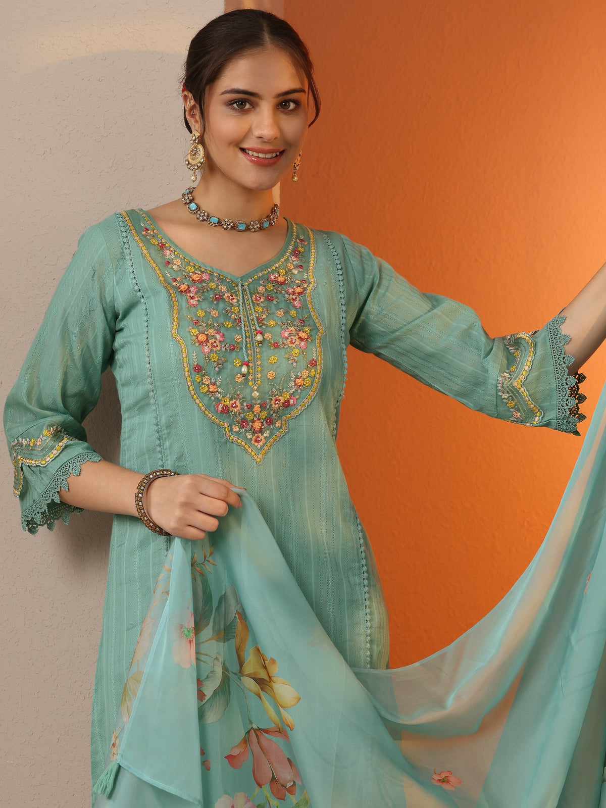 Libas Turquoise blue Embroidered Cotton Blend A-line Suit Set With Dupatta