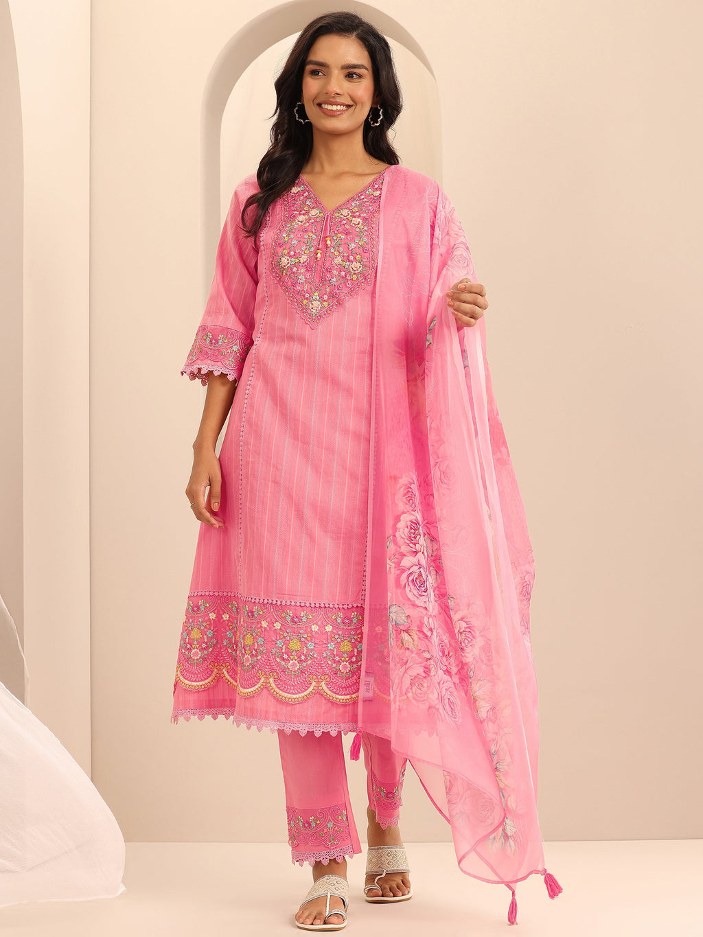 Libas Peach Embroidered Cotton Blend A-line Suit Set With Dupatta