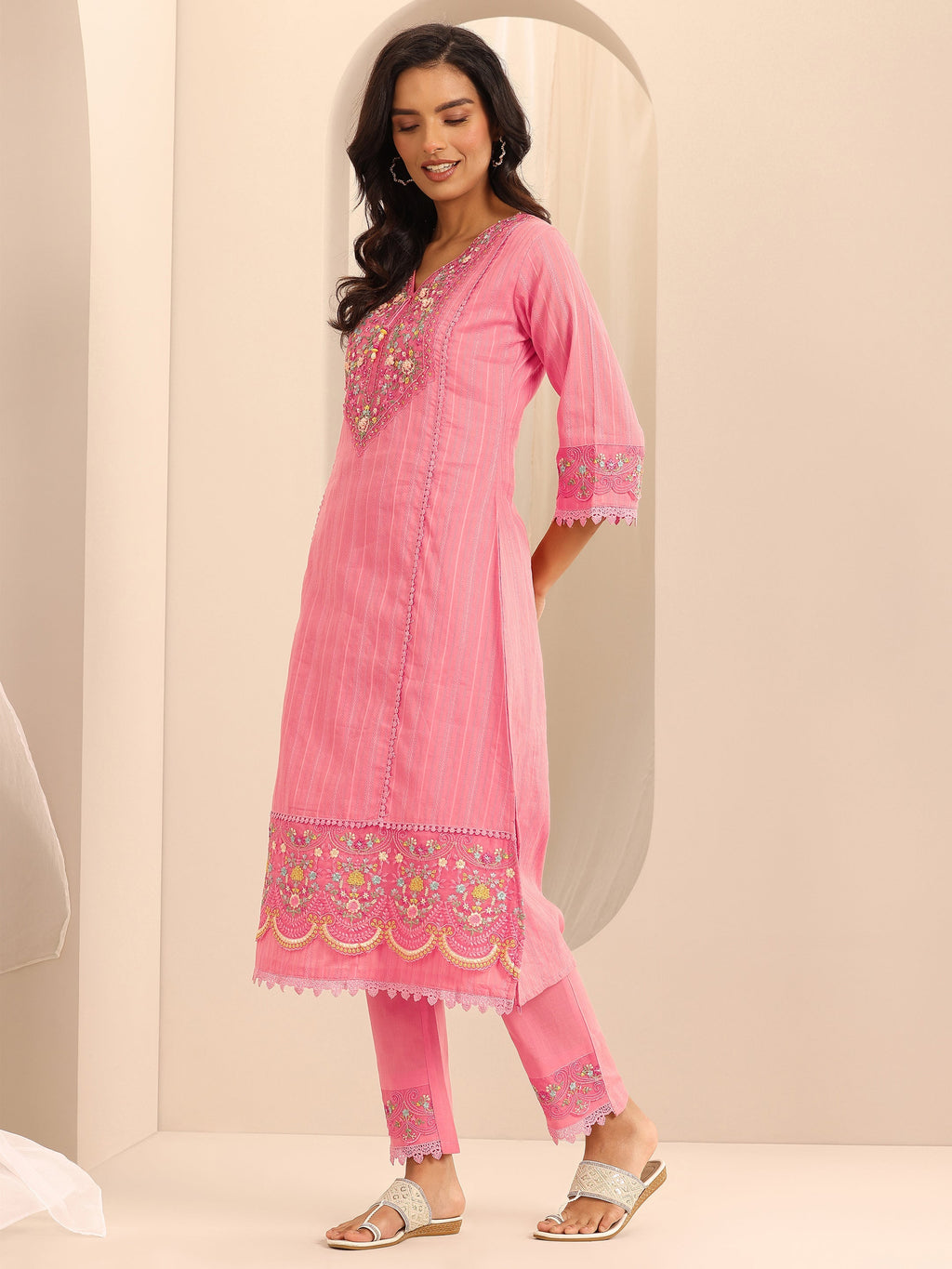 Libas Peach Embroidered Cotton Blend A-line Suit Set With Dupatta