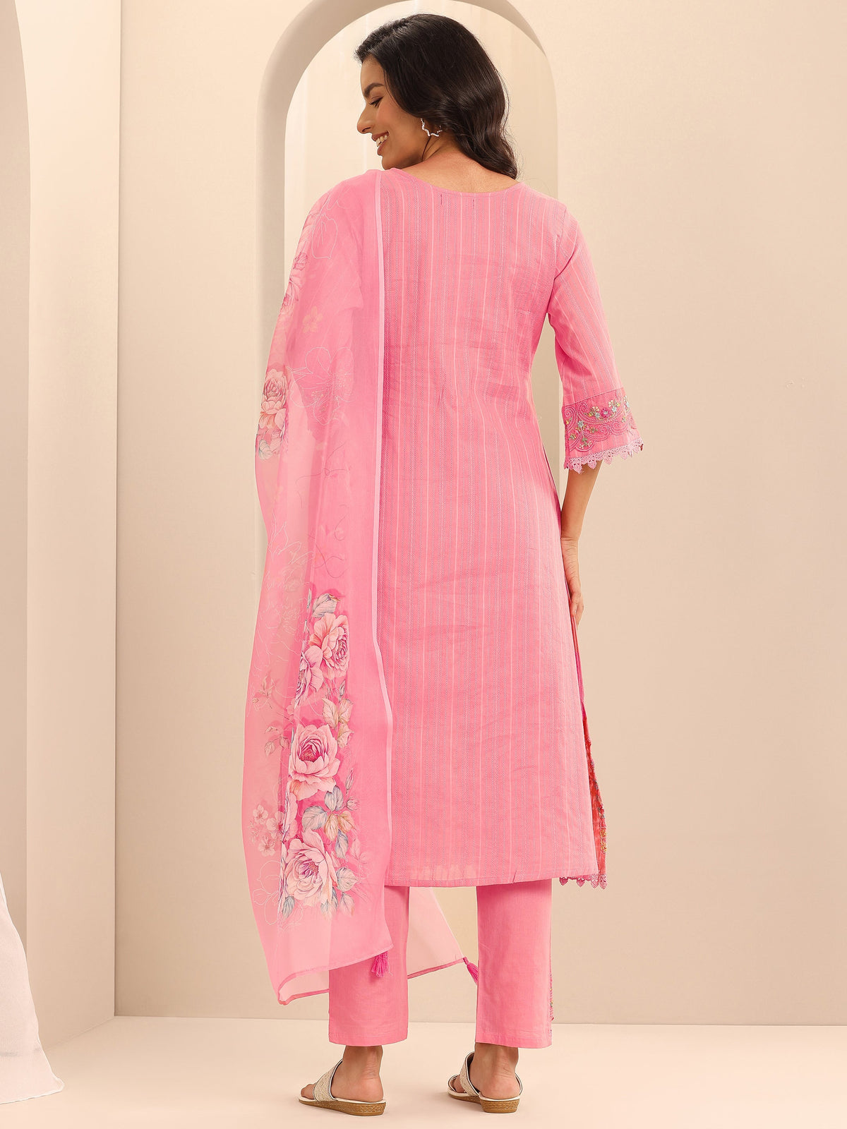 Libas Peach Embroidered Cotton Blend A-line Suit Set With Dupatta