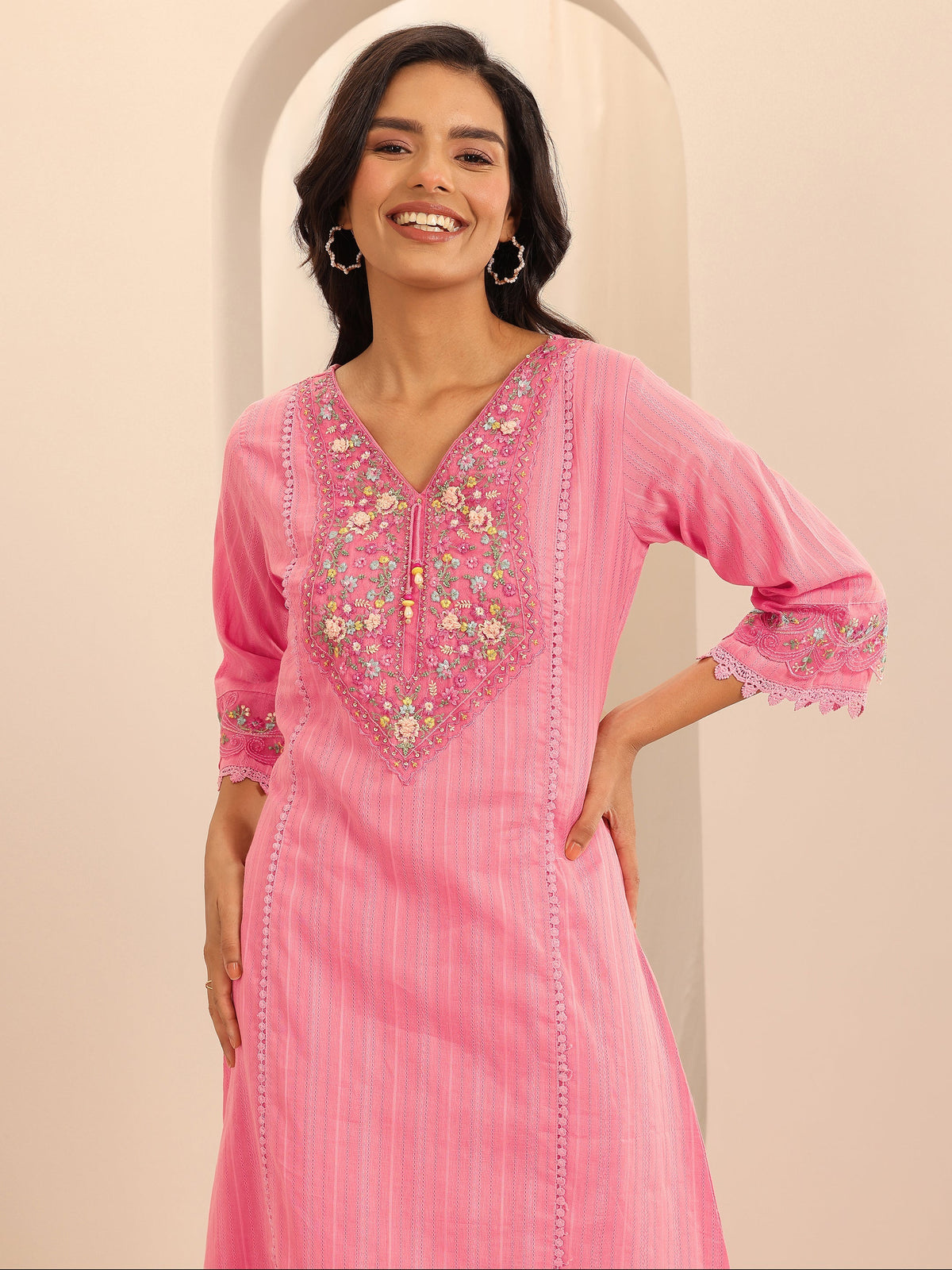 Libas Peach Embroidered Cotton Blend A-line Suit Set With Dupatta