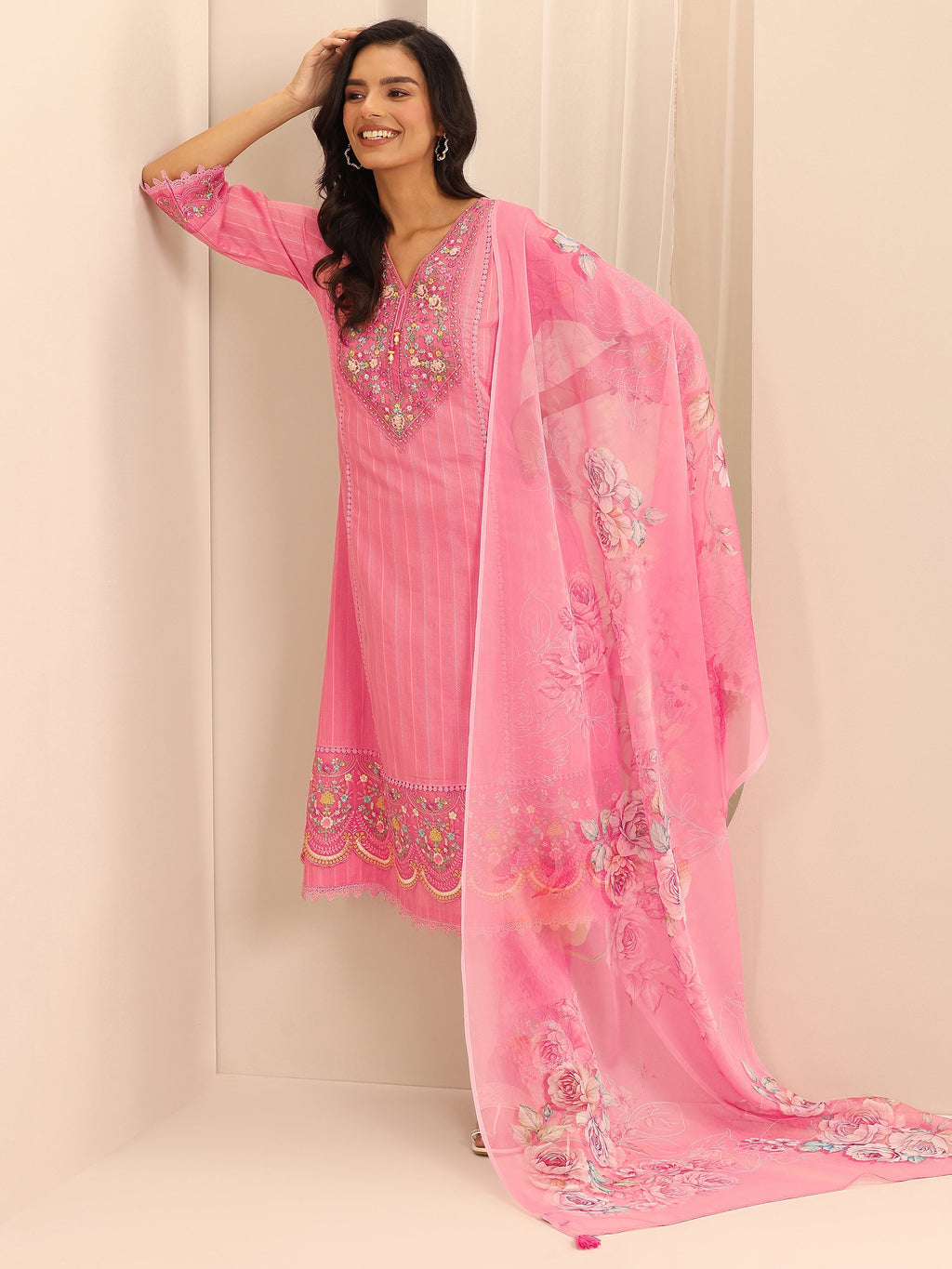Libas Peach Embroidered Cotton Blend A-line Suit Set With Dupatta