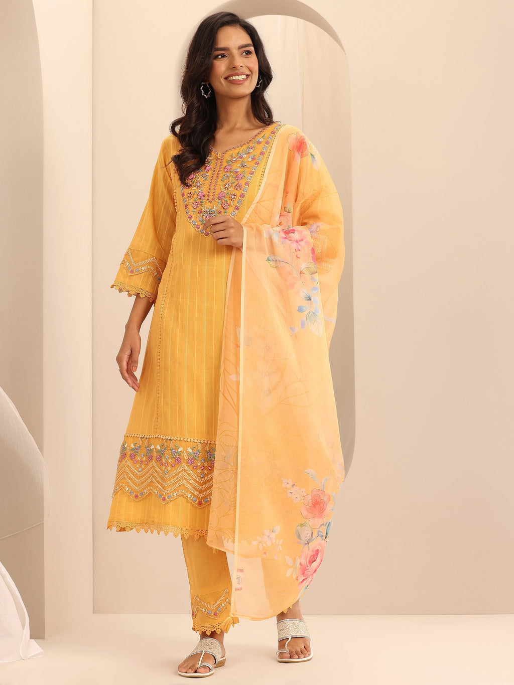 Libas Mustard Embroidered Cotton Blend A-line Suit Set With Dupatta