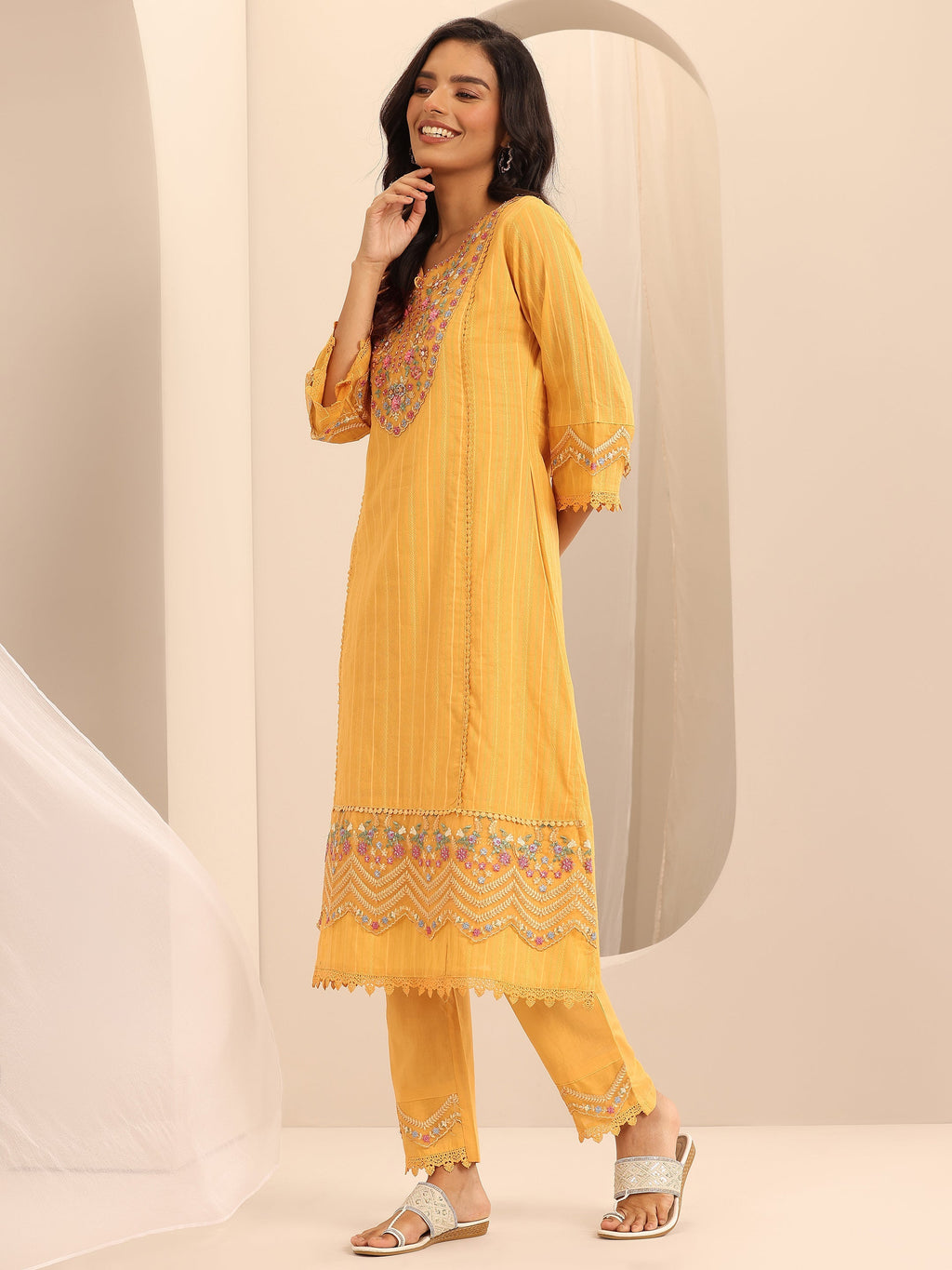 Libas Mustard Embroidered Cotton Blend A-line Suit Set With Dupatta