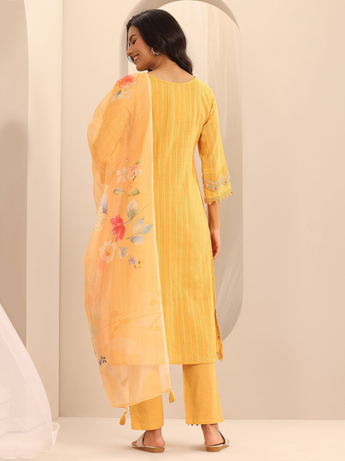 Libas Mustard Embroidered Cotton Blend A-line Suit Set With Dupatta