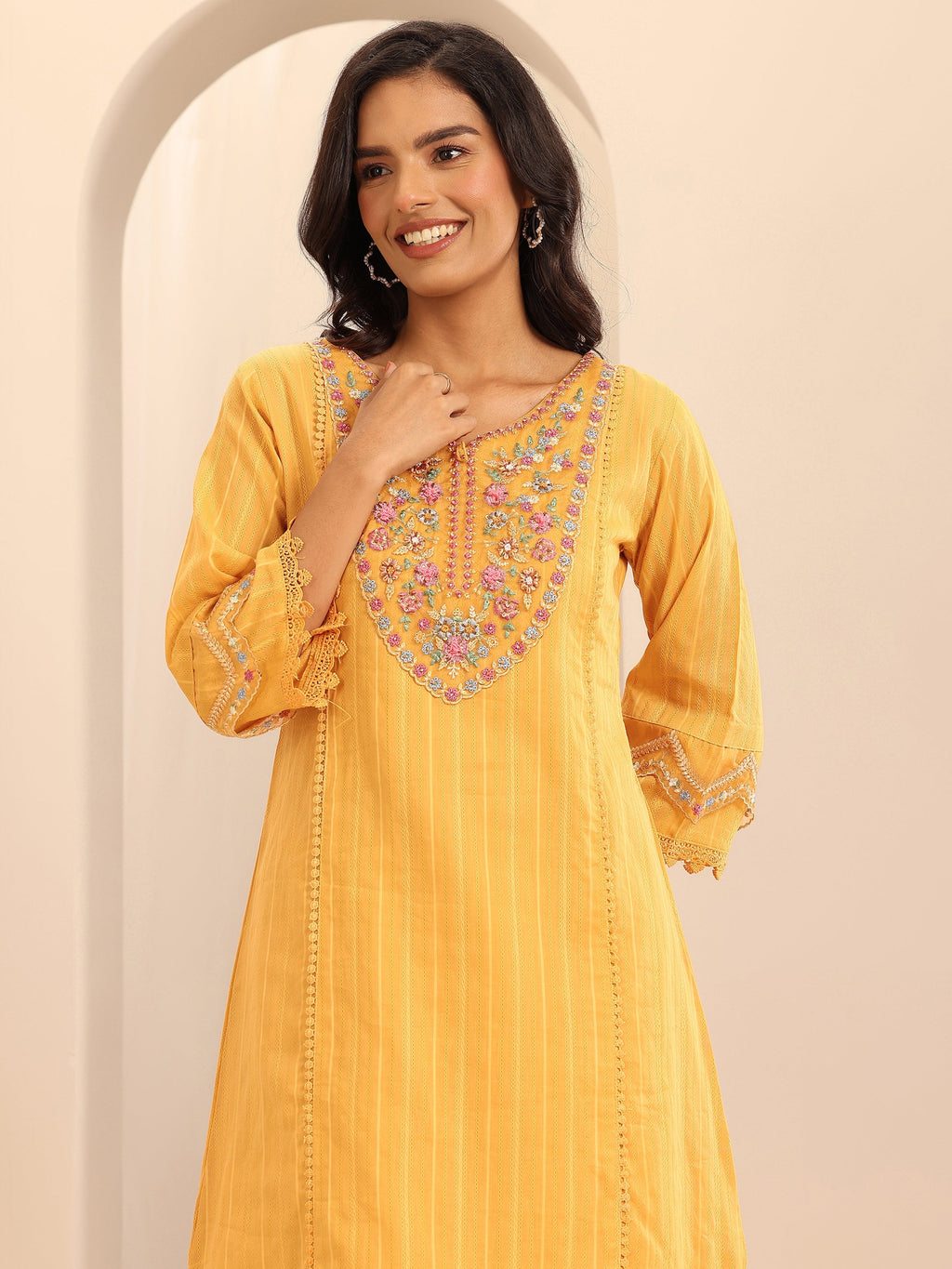 Libas Mustard Embroidered Cotton Blend A-line Suit Set With Dupatta